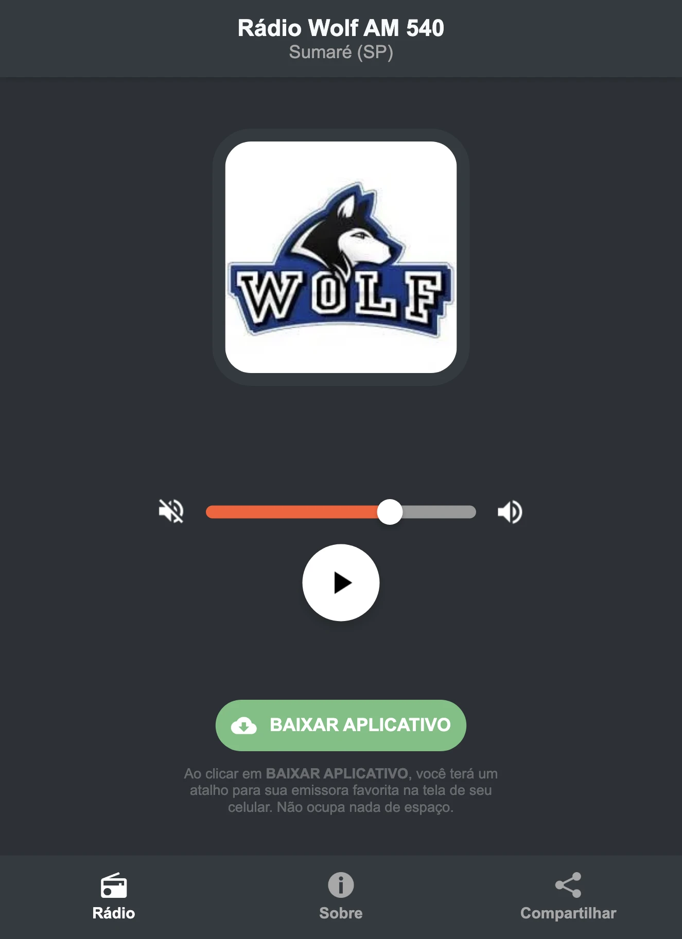 Screenshot do aplicativo da Rádio Wolf AM 540