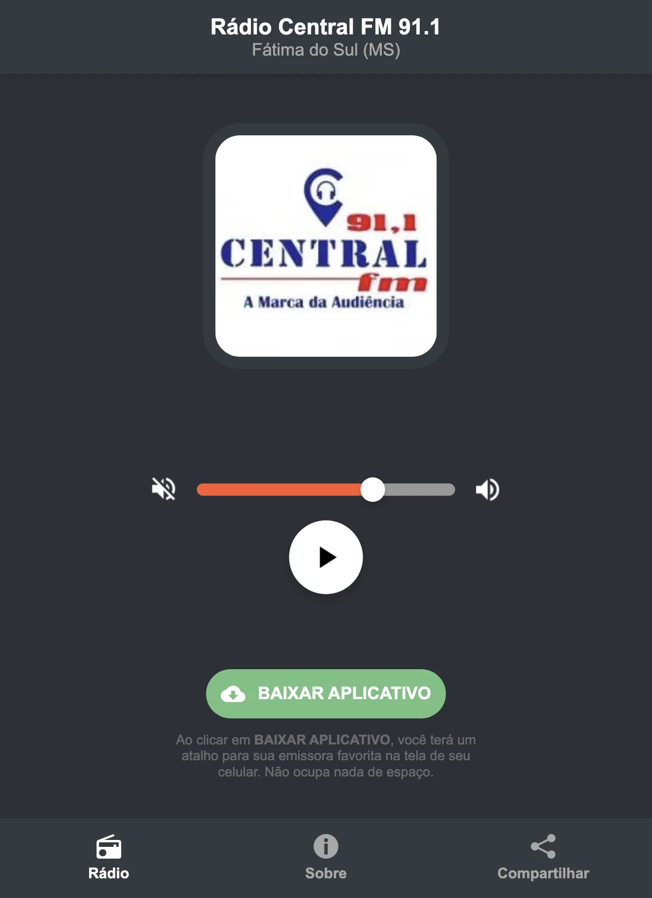 Screenshot do aplicativo da Rádio Central FM 91.1