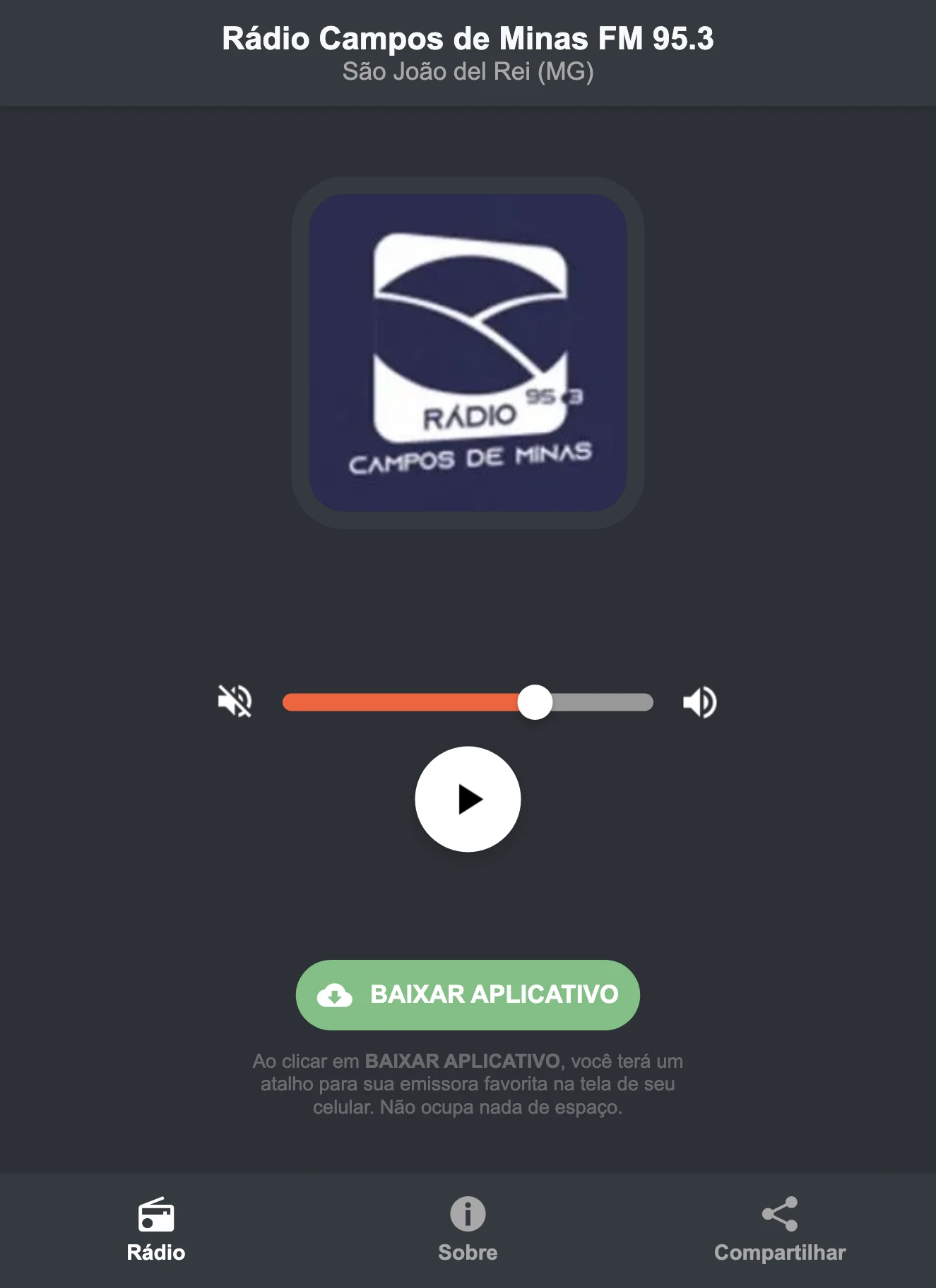 Screenshot do aplicativo da Rádio Campos de Minas FM 95.3