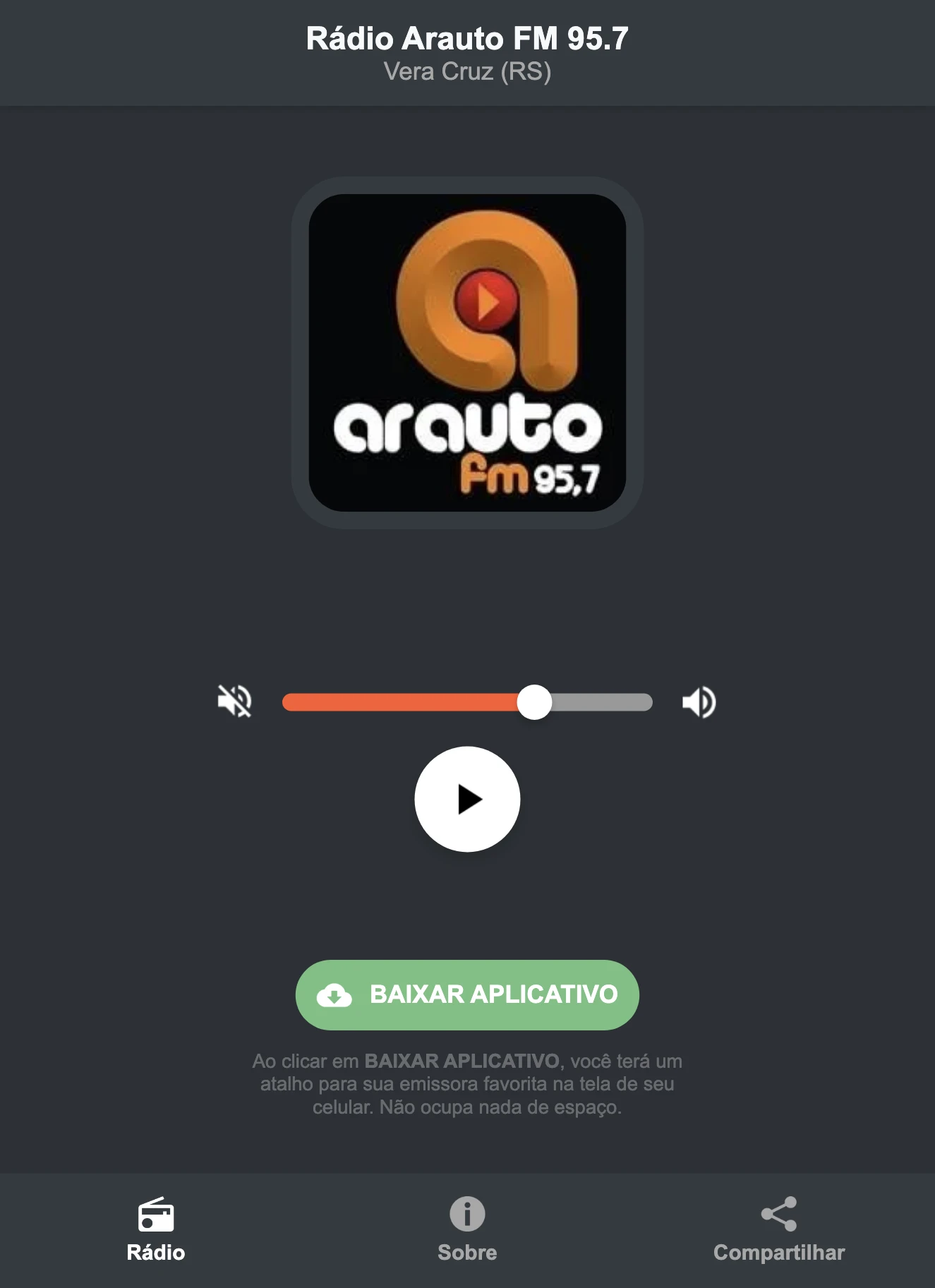 Screenshot do aplicativo da Rádio Arauto FM 95.7