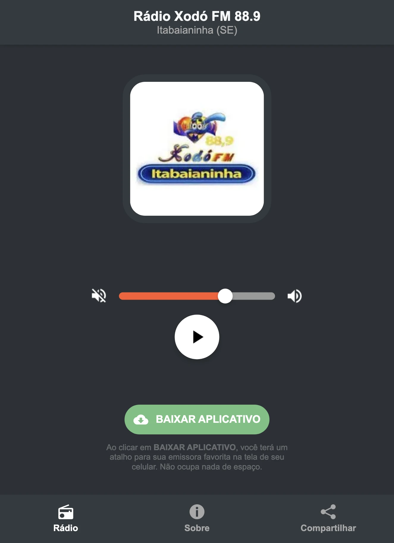 Screenshot do aplicativo da Rádio Xodó FM 88.9