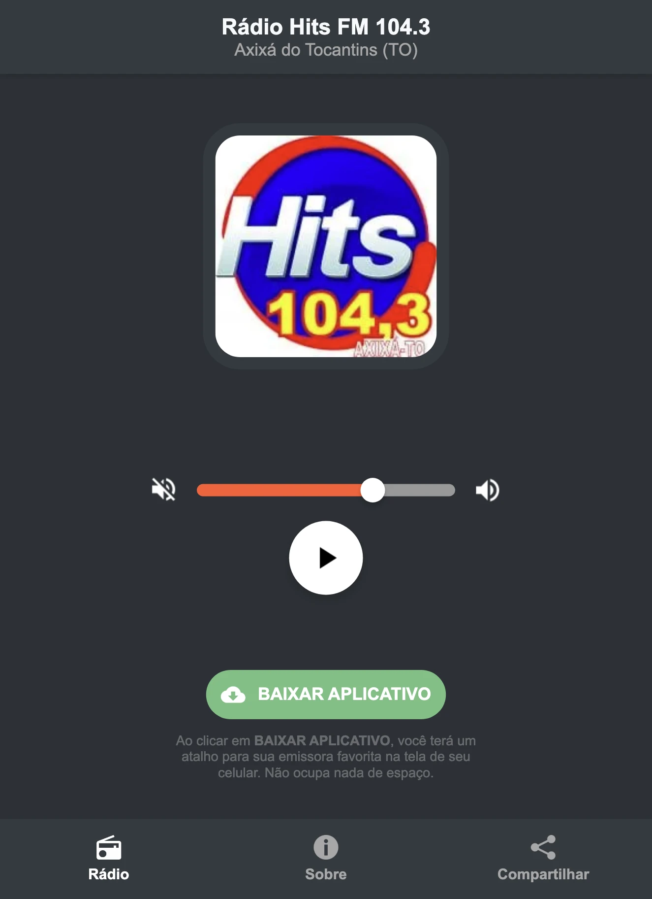 Screenshot do aplicativo da Rádio Hits FM 104.3