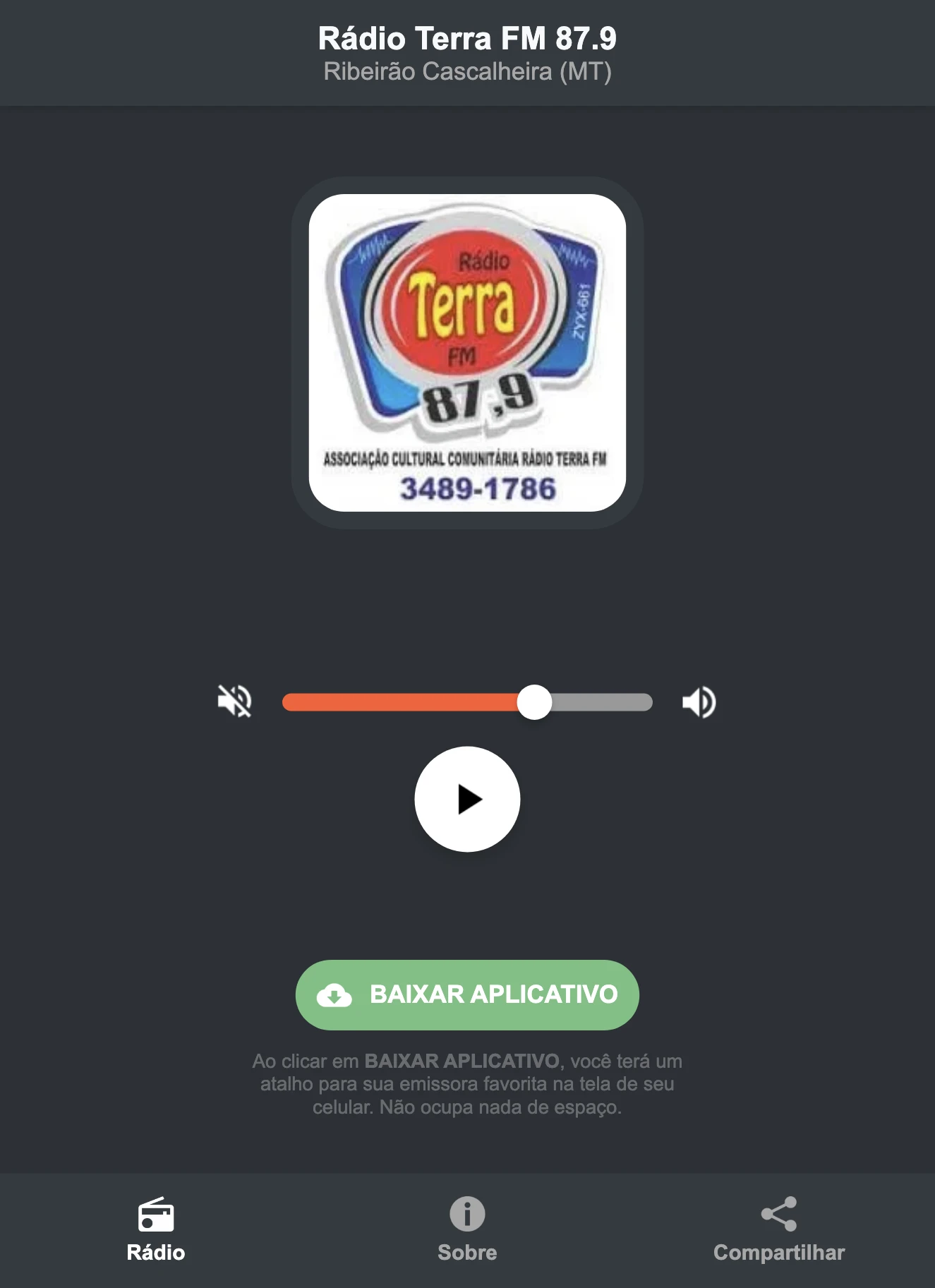 Screenshot do aplicativo da Rádio Terra FM 87.9