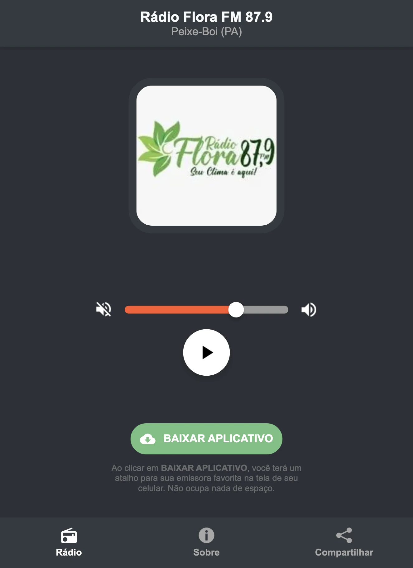 Screenshot do aplicativo da Rádio Flora FM 87.9