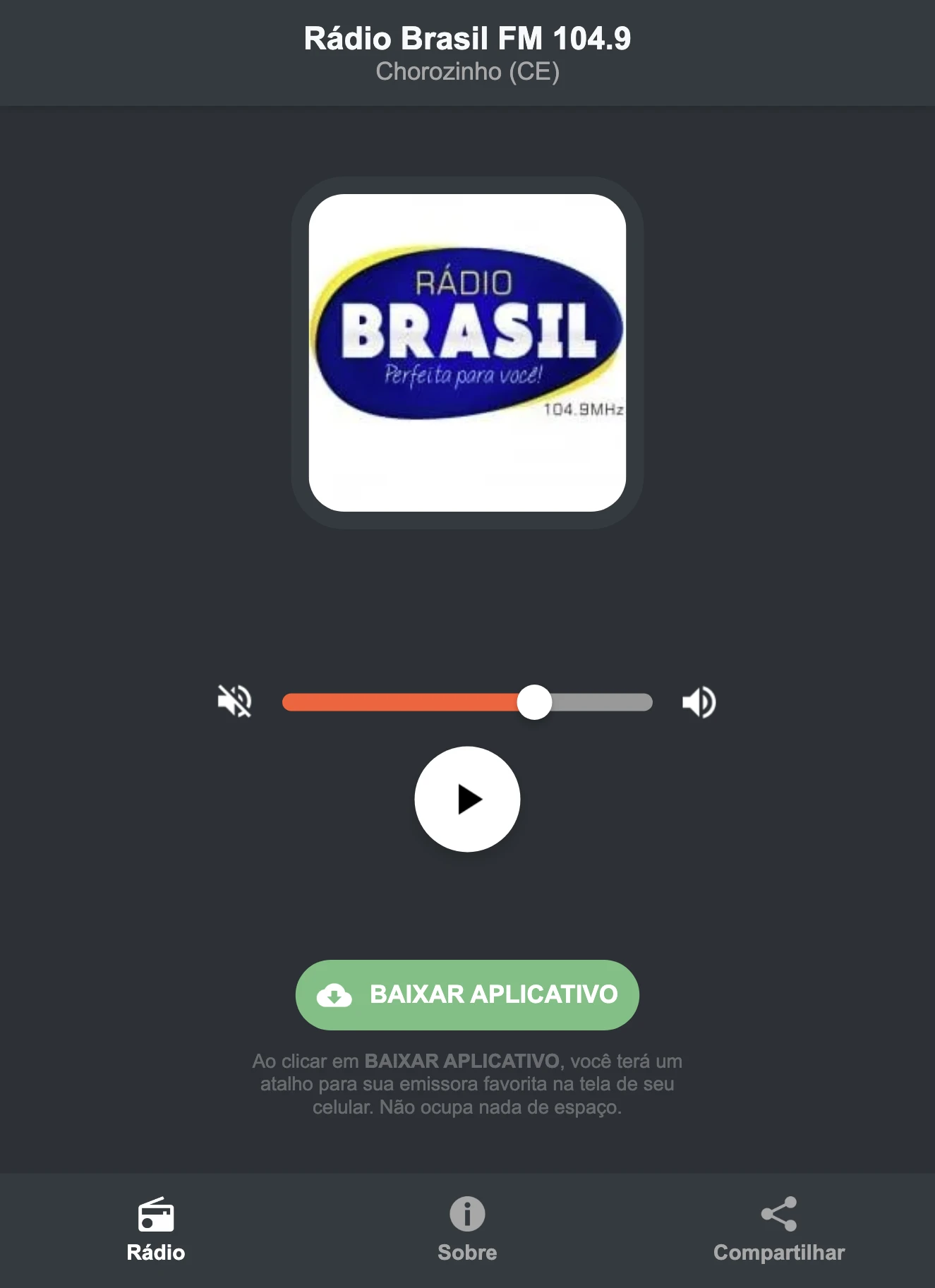Screenshot do aplicativo da Rádio Brasil FM 104.9