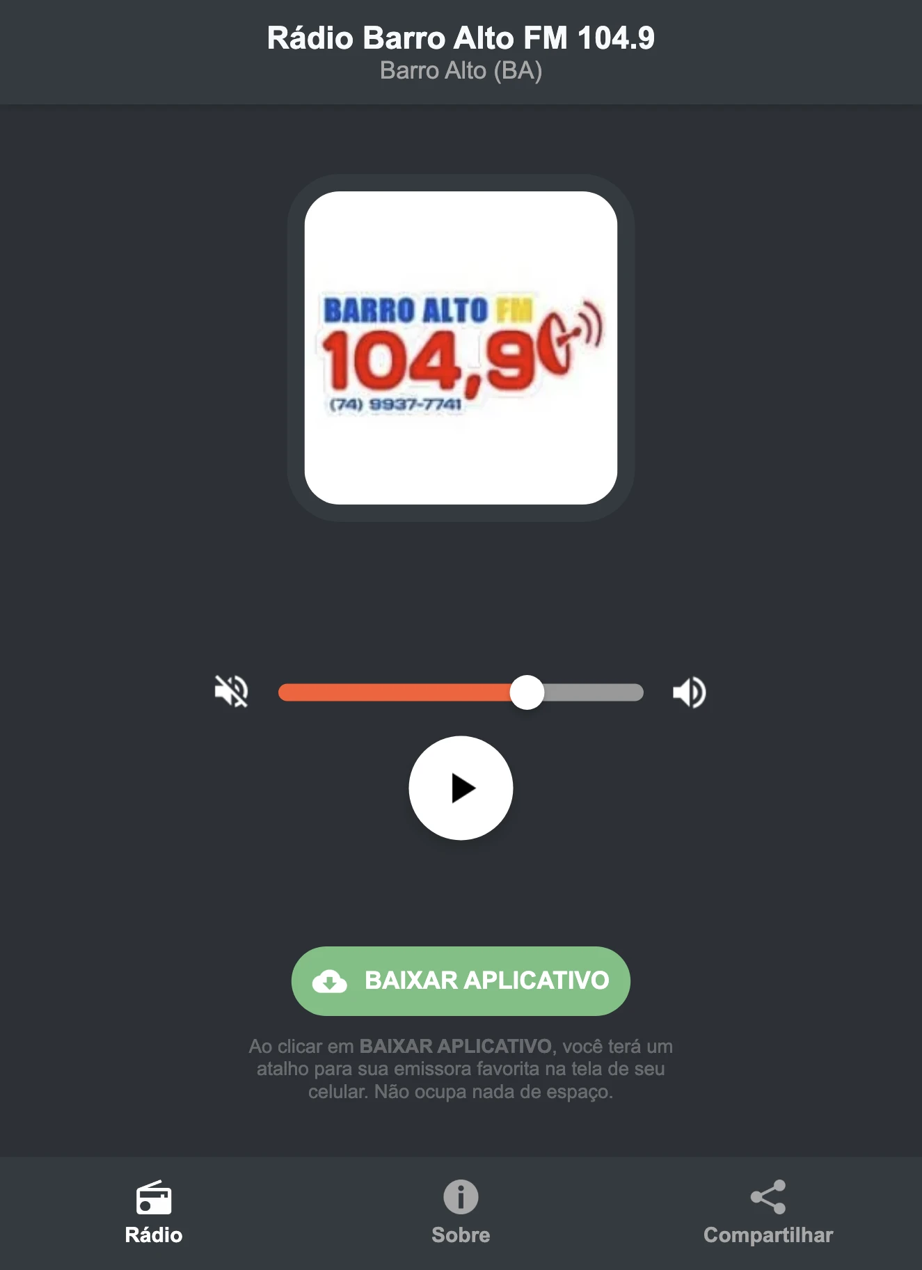 Screenshot do aplicativo da Rádio Barro Alto FM 104.9