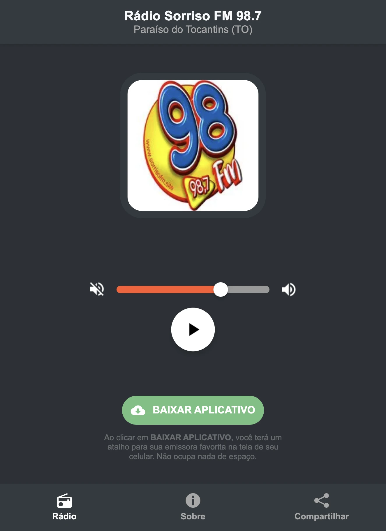 Screenshot do aplicativo da Rádio Sorriso FM 98.7