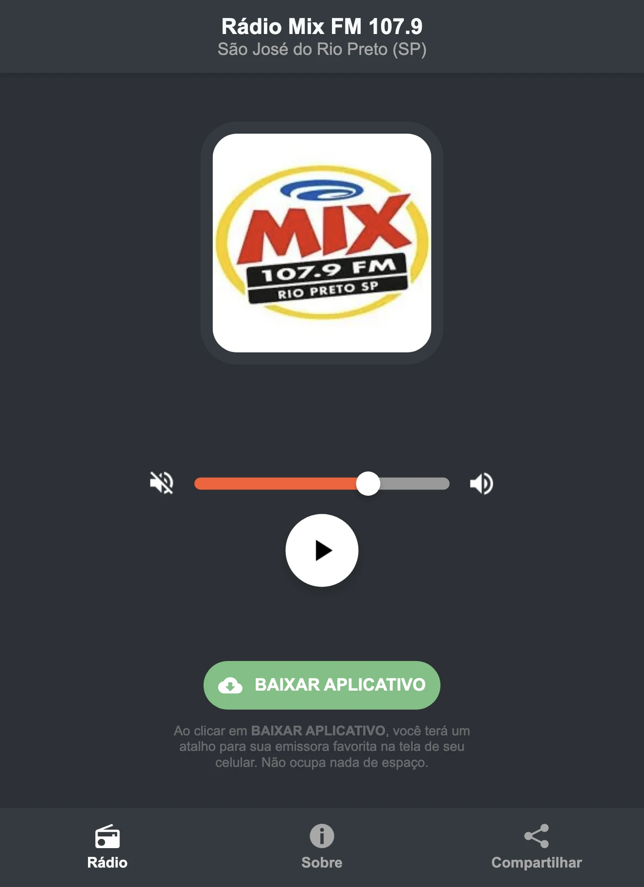 Screenshot do aplicativo da Rádio Mix FM 107.9