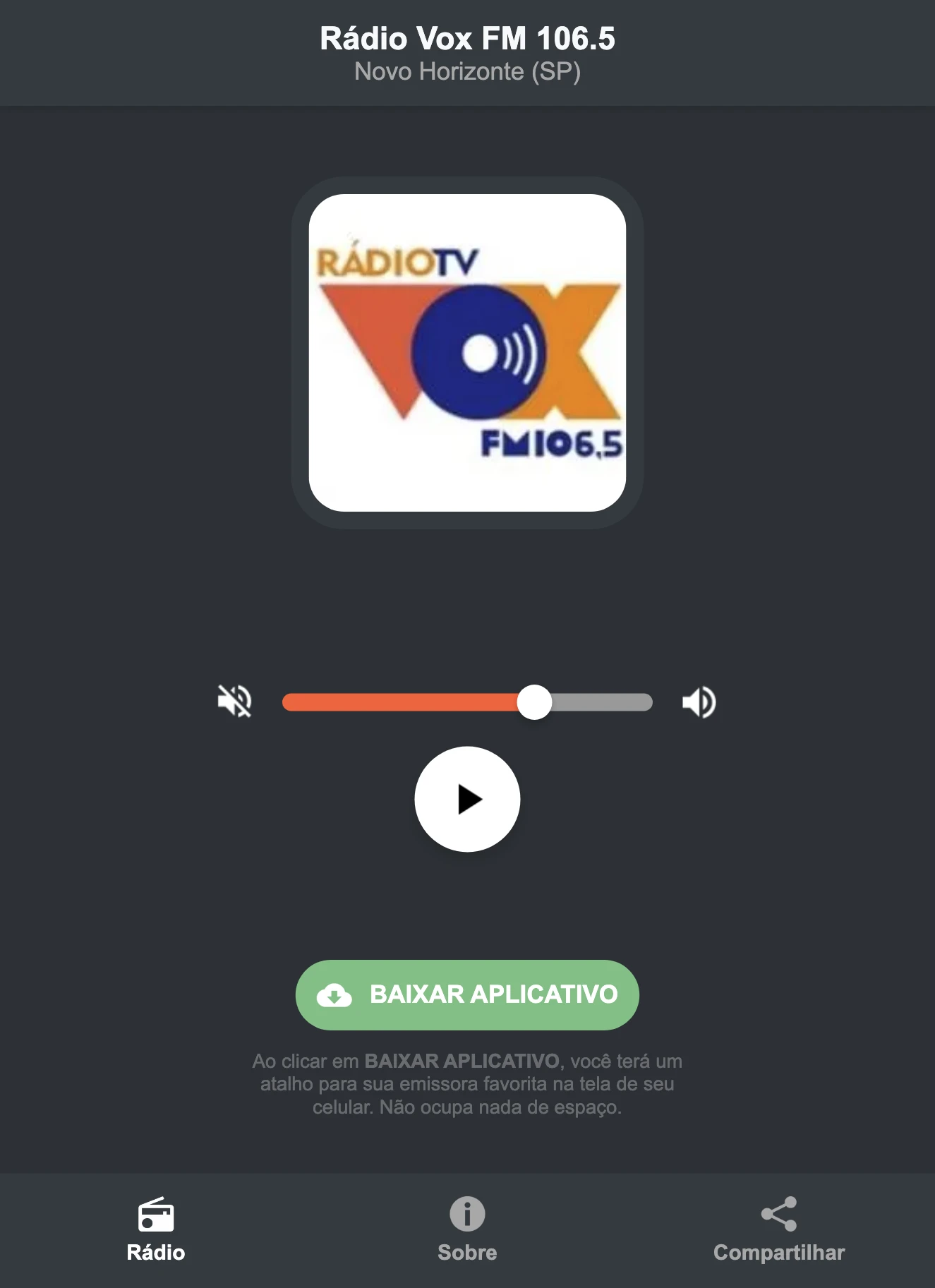 Screenshot do aplicativo da Rádio Vox FM 106.5