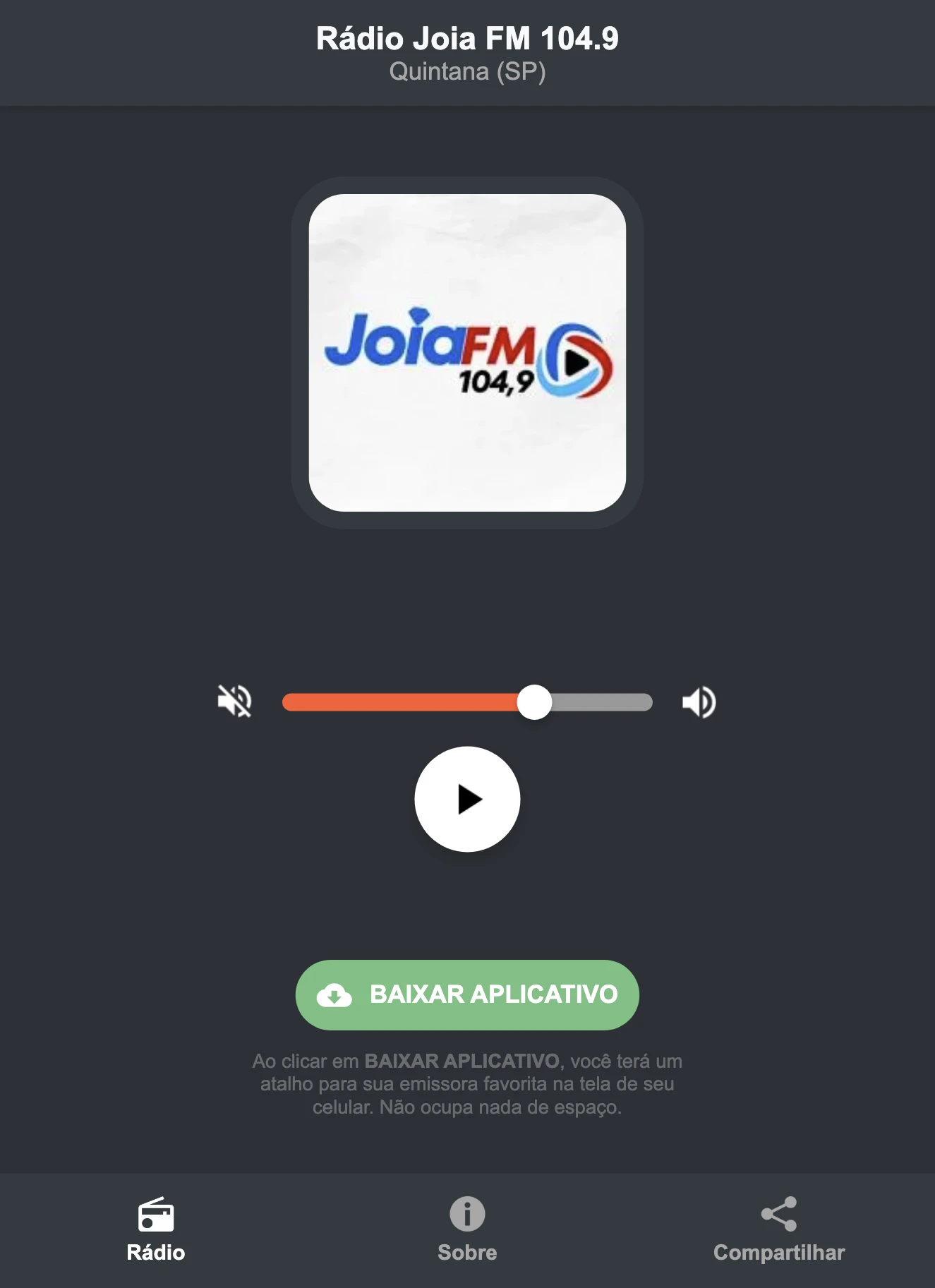 Screenshot do aplicativo da Rádio Joia FM 104.9