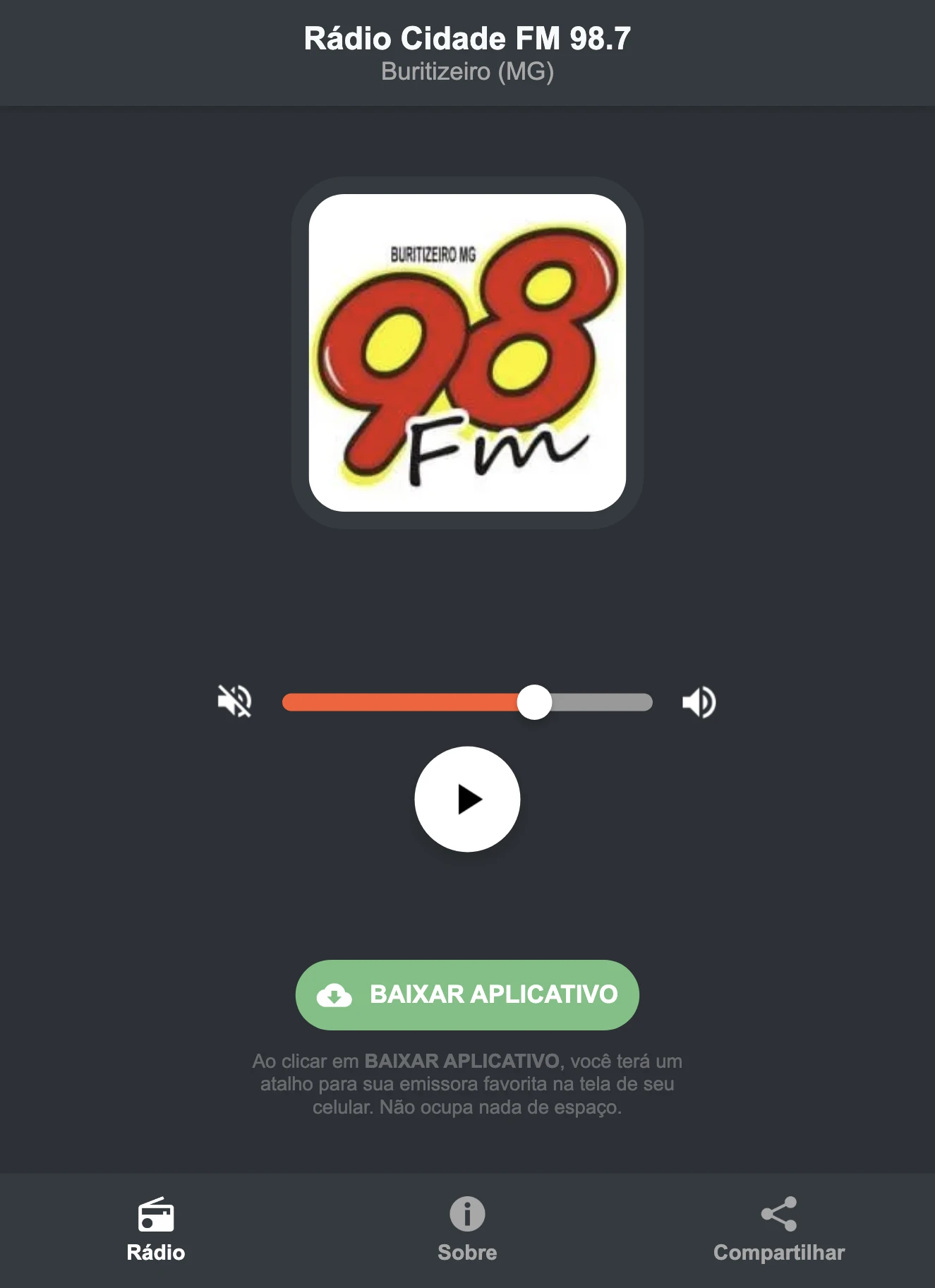 Screenshot do aplicativo da Rádio Cidade FM 98.7