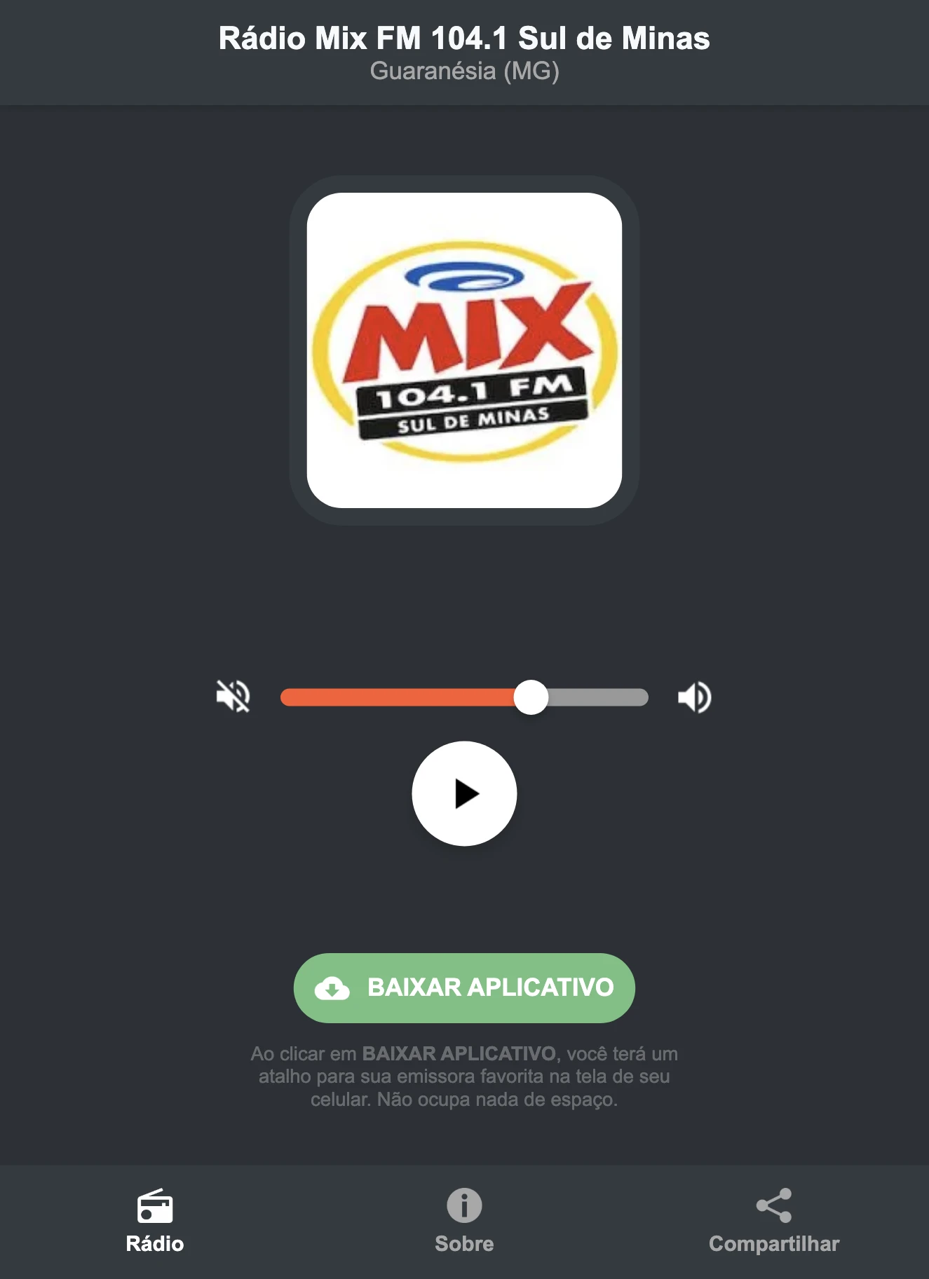 Screenshot do aplicativo da Rádio Mix FM 104.1 Sul de Minas