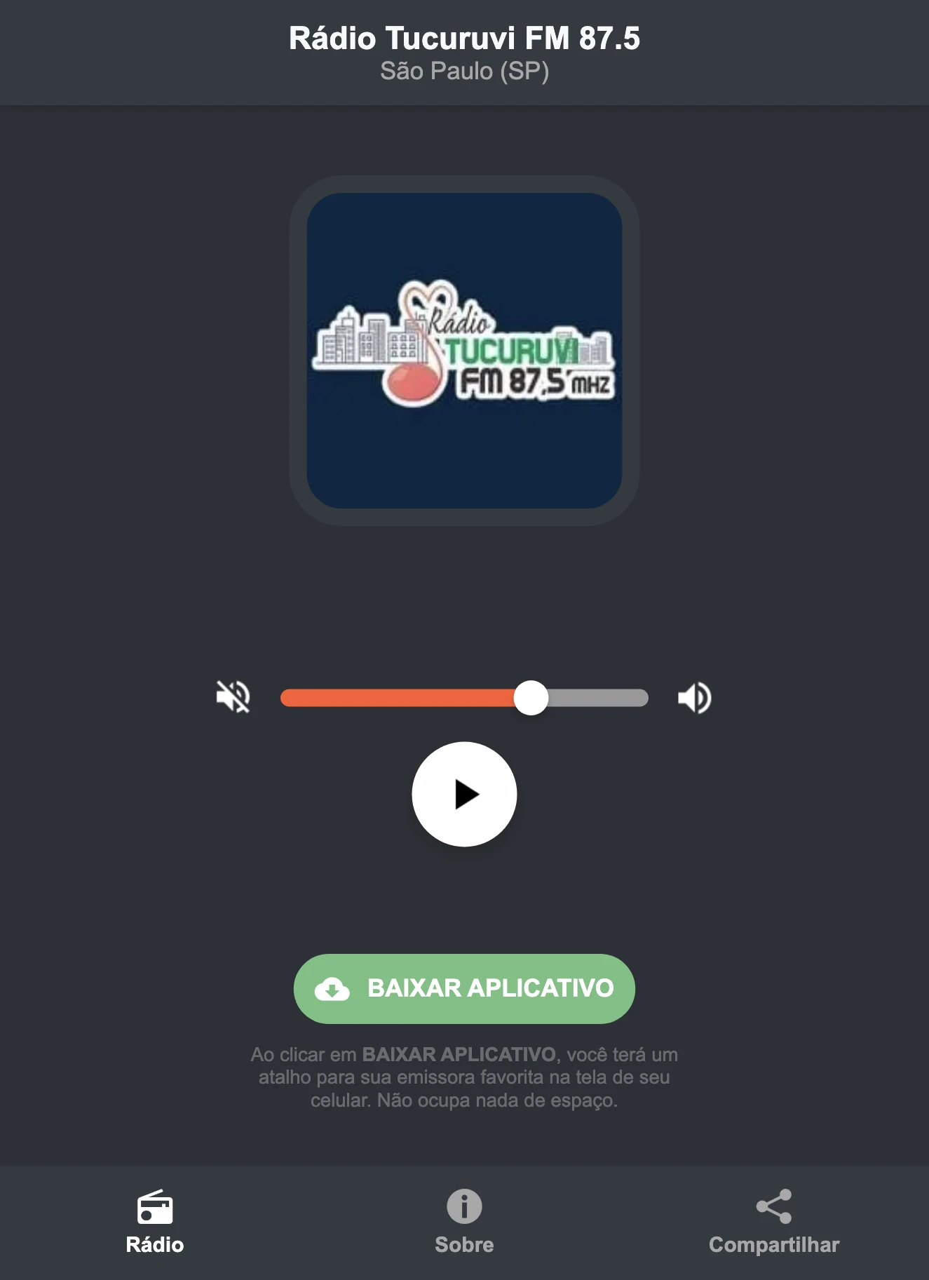 Screenshot do aplicativo da Rádio Tucuruvi FM 87.5