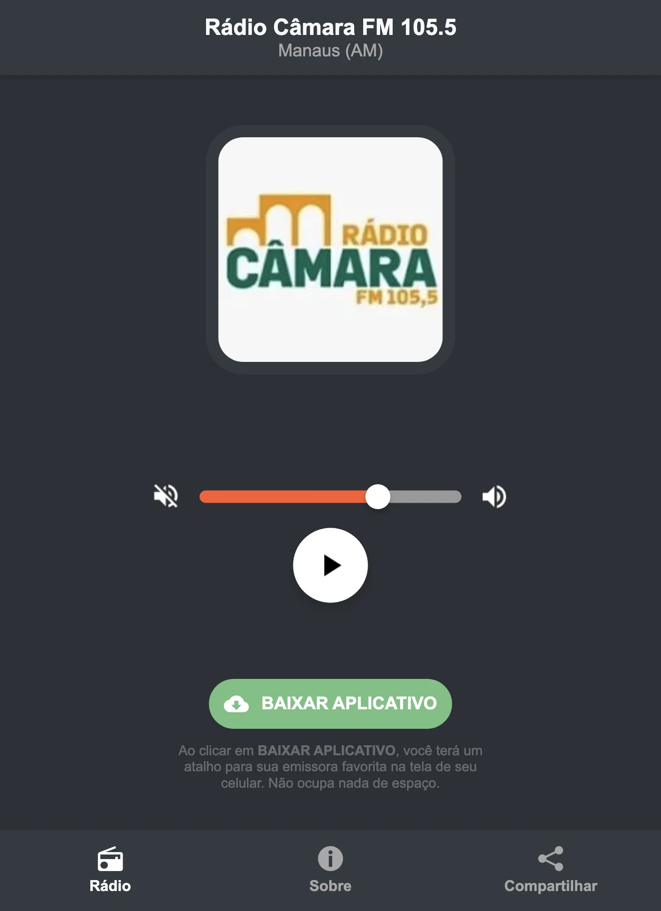 Screenshot do aplicativo da Rádio Câmara FM 105.5