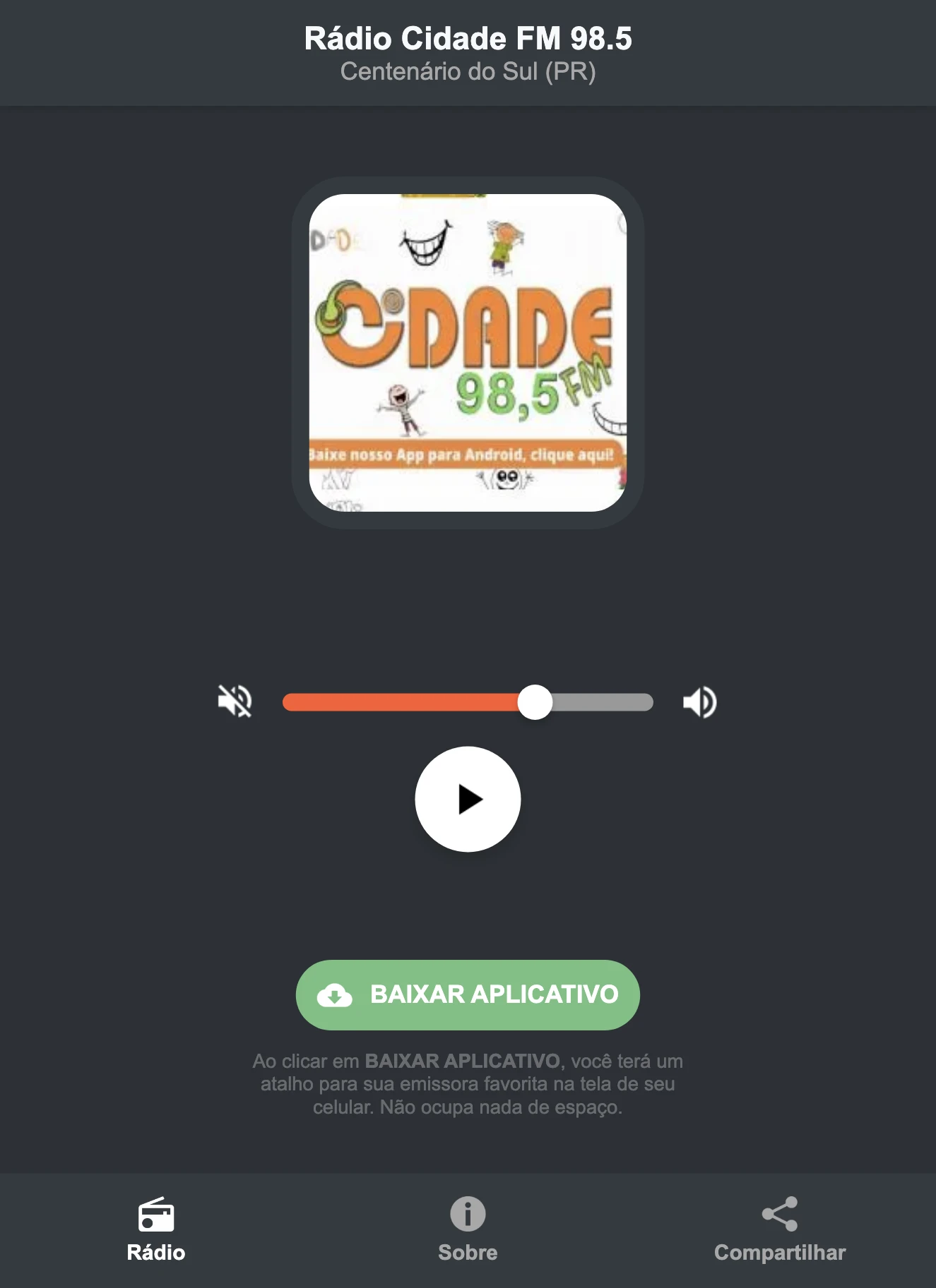 Screenshot do aplicativo da Rádio Cidade FM 98.5