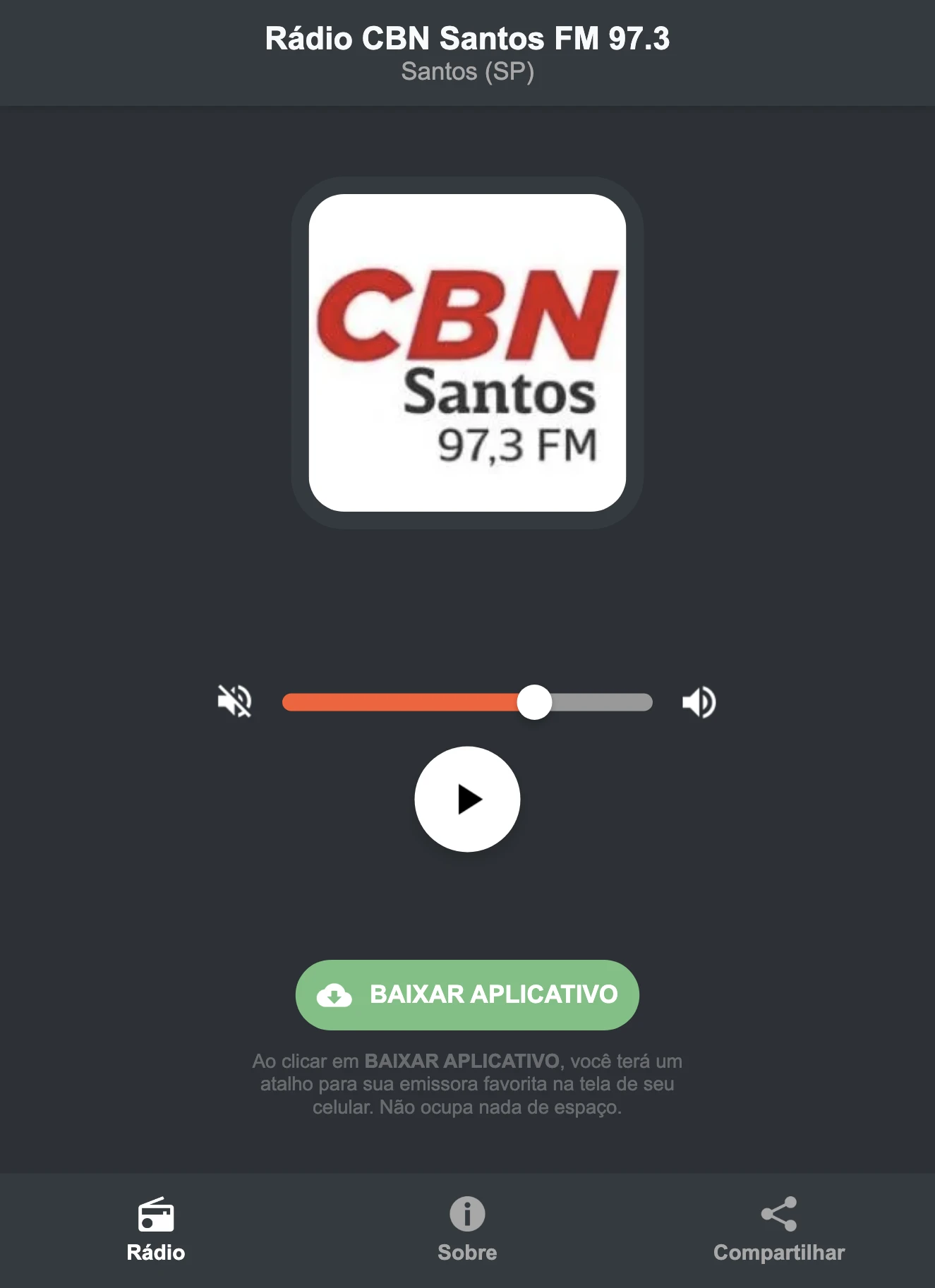 Screenshot do aplicativo da Rádio CBN Santos FM 97.3
