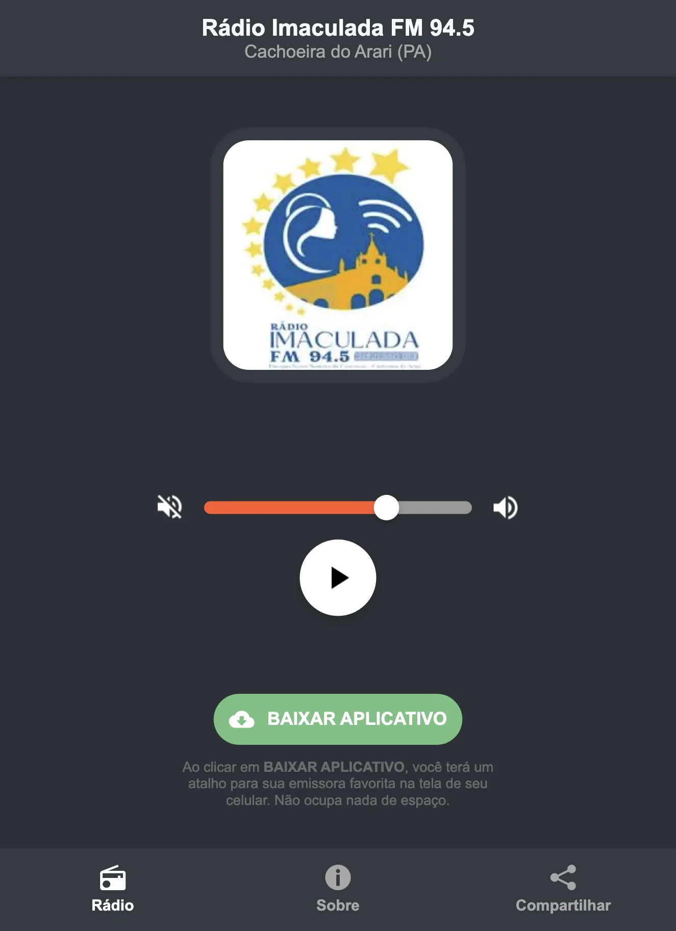 Screenshot do aplicativo da Rádio Imaculada FM 94.5