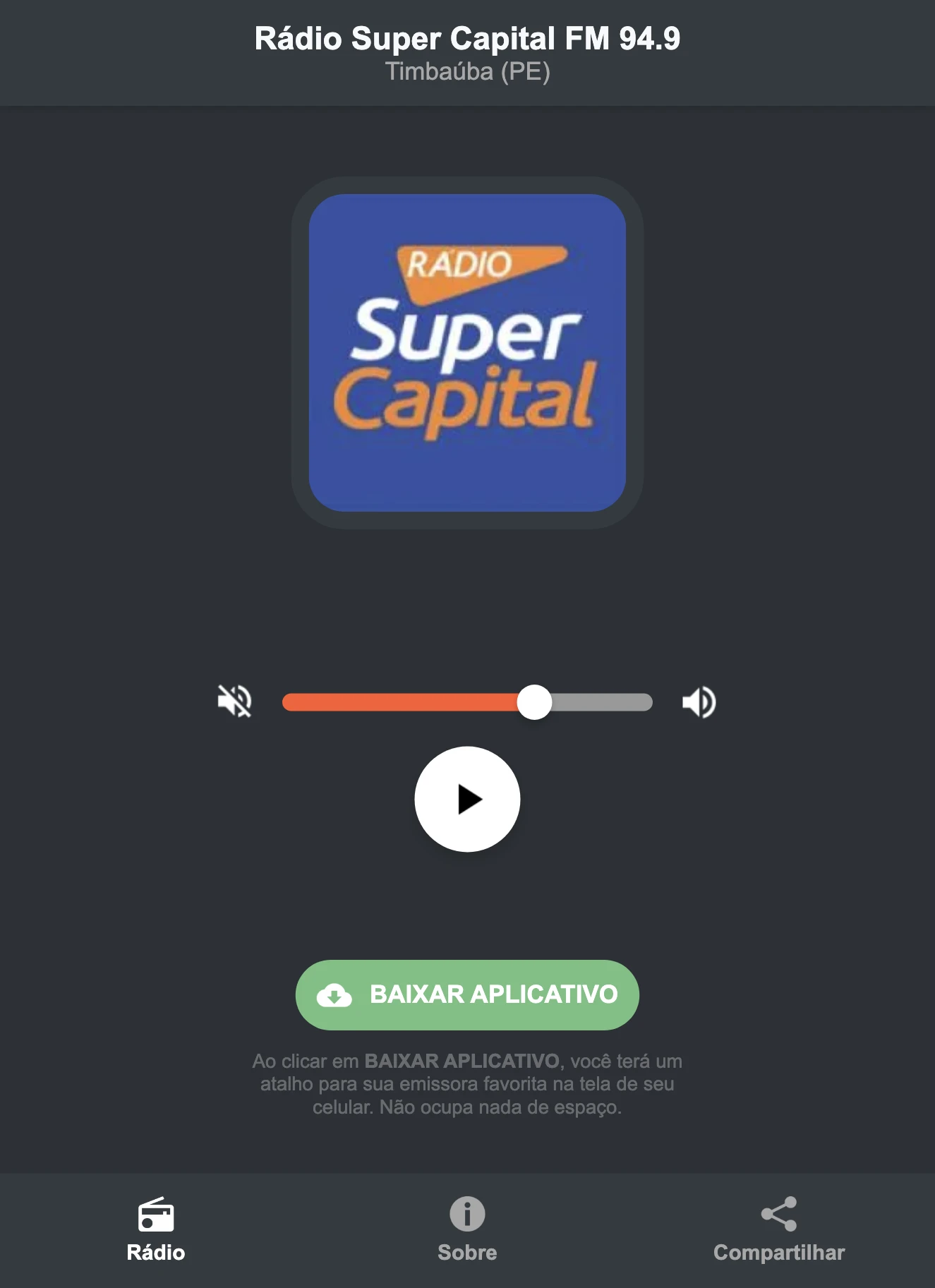 Screenshot do aplicativo da Rádio Super Capital FM 94.9