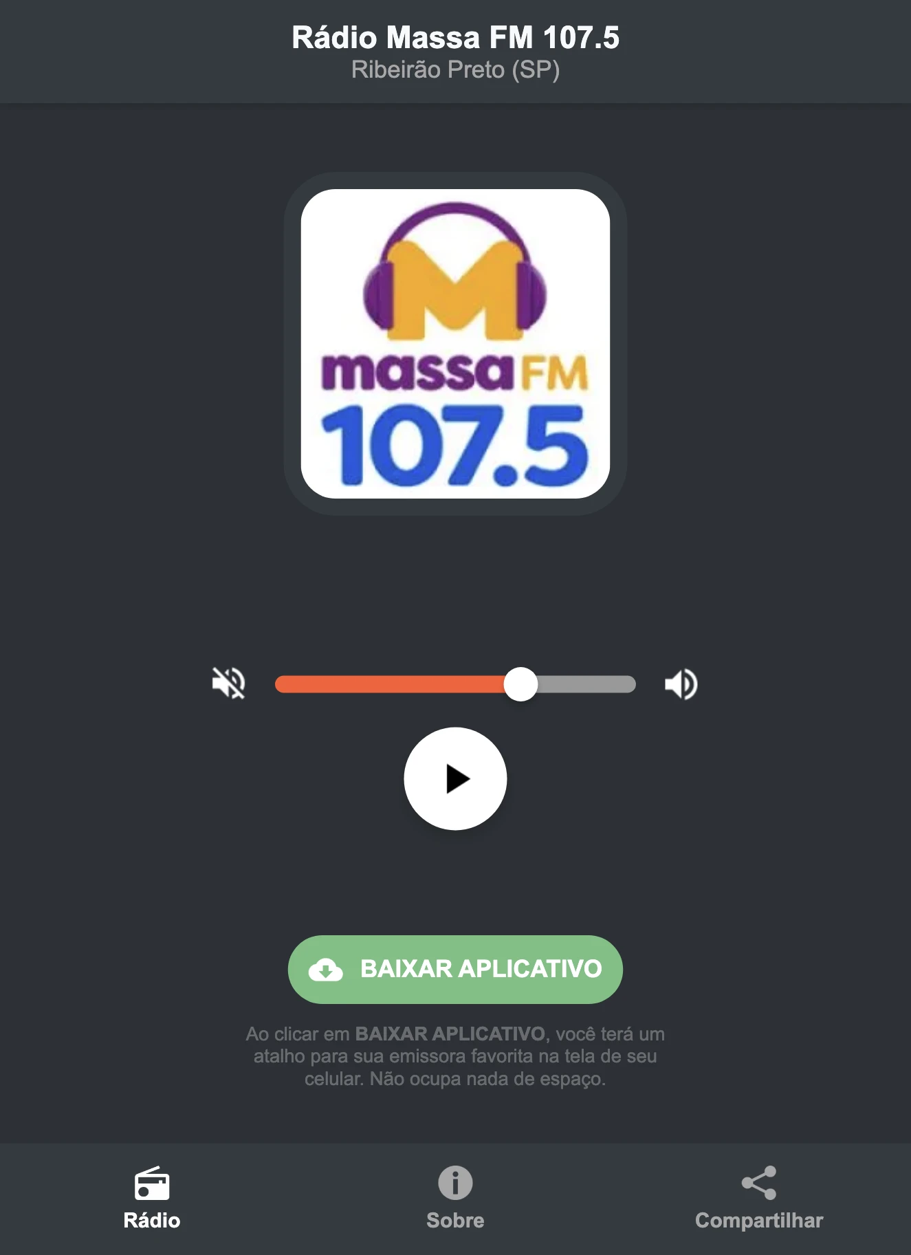 Screenshot do aplicativo da Rádio Massa FM 107.5