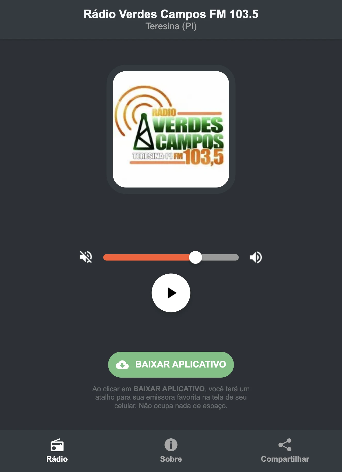Screenshot do aplicativo da Rádio Verdes Campos FM 103.5