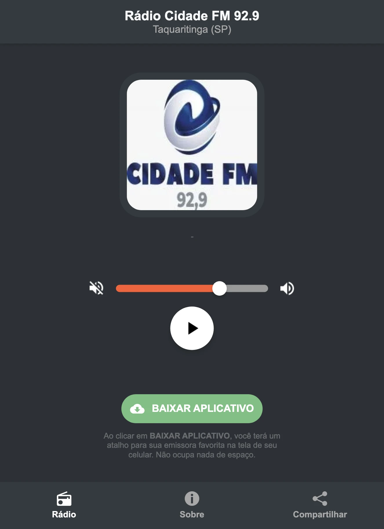 Screenshot do aplicativo da Rádio Cidade FM 92.9