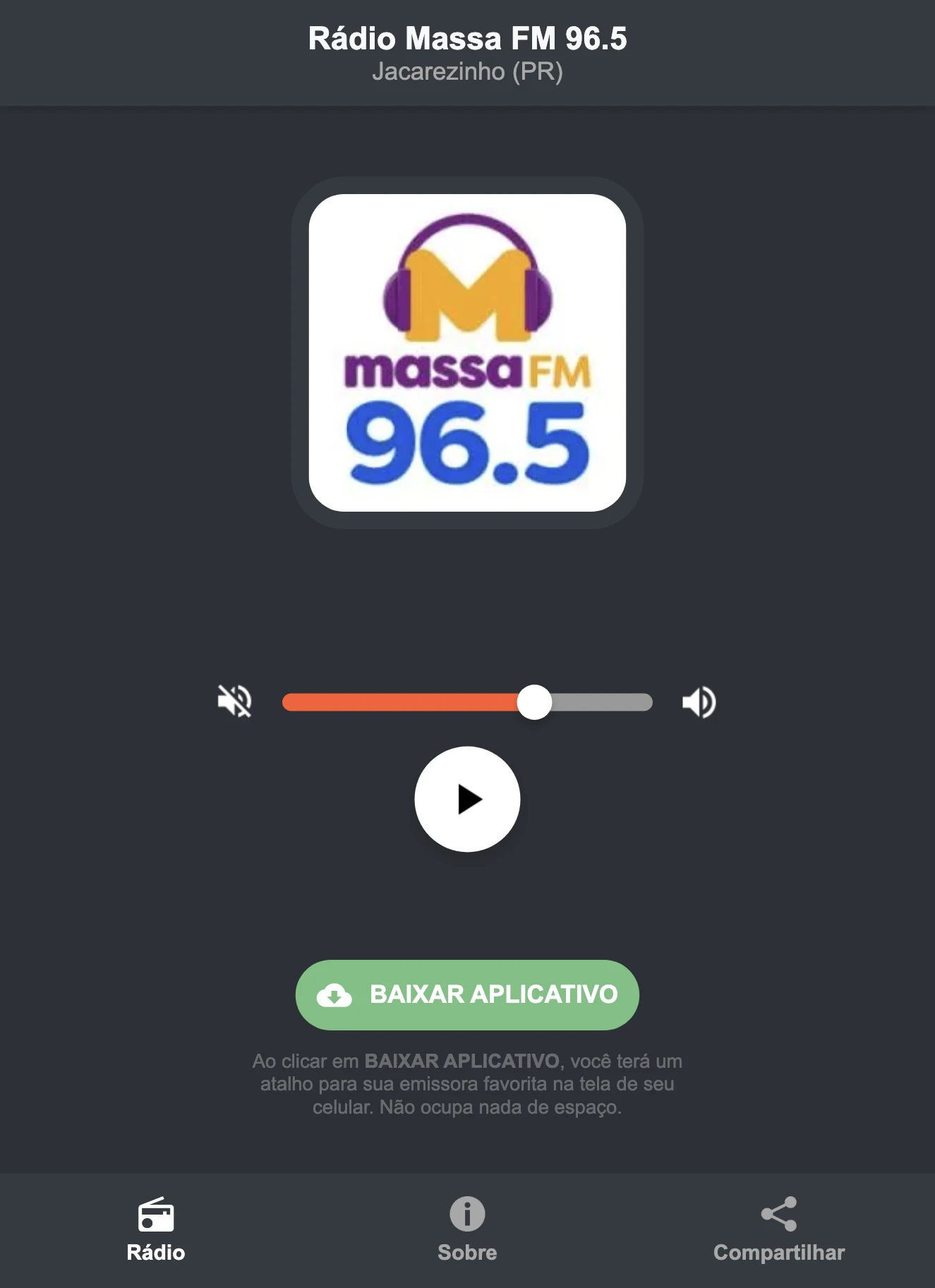 Screenshot do aplicativo da Rádio Massa FM 96.5