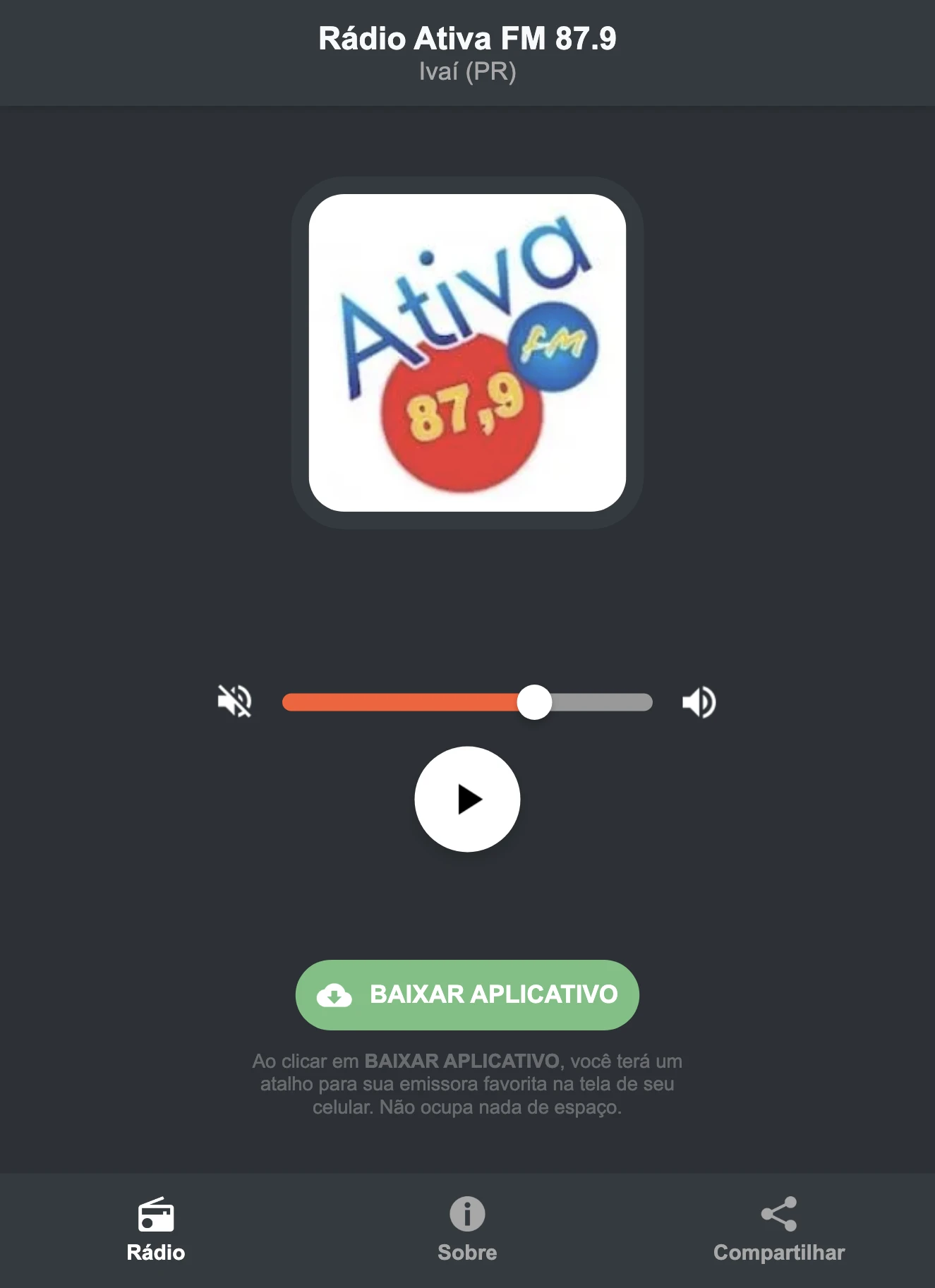Screenshot do aplicativo da Rádio Ativa FM 87.9