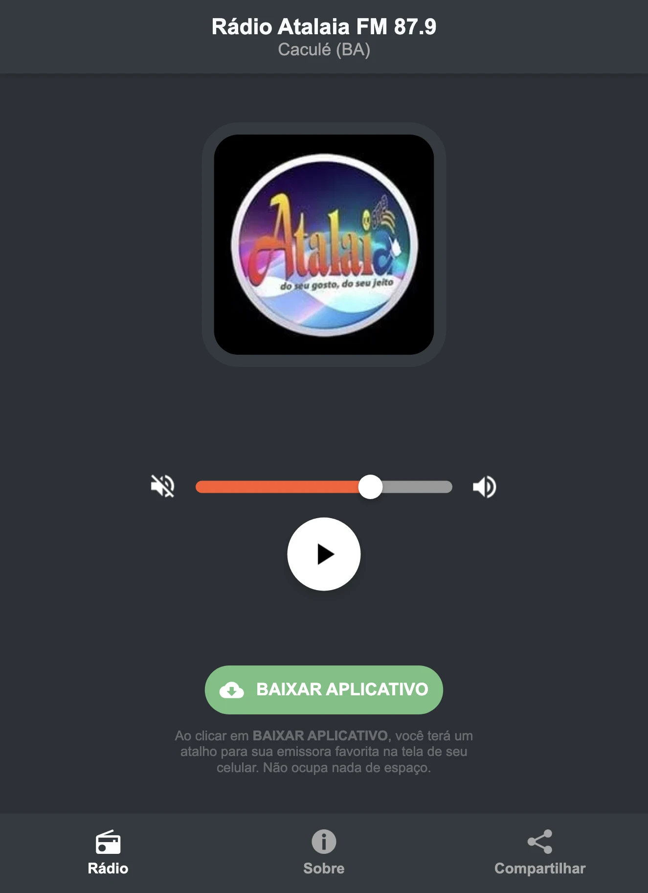 Screenshot do aplicativo da Rádio Atalaia FM 87.9