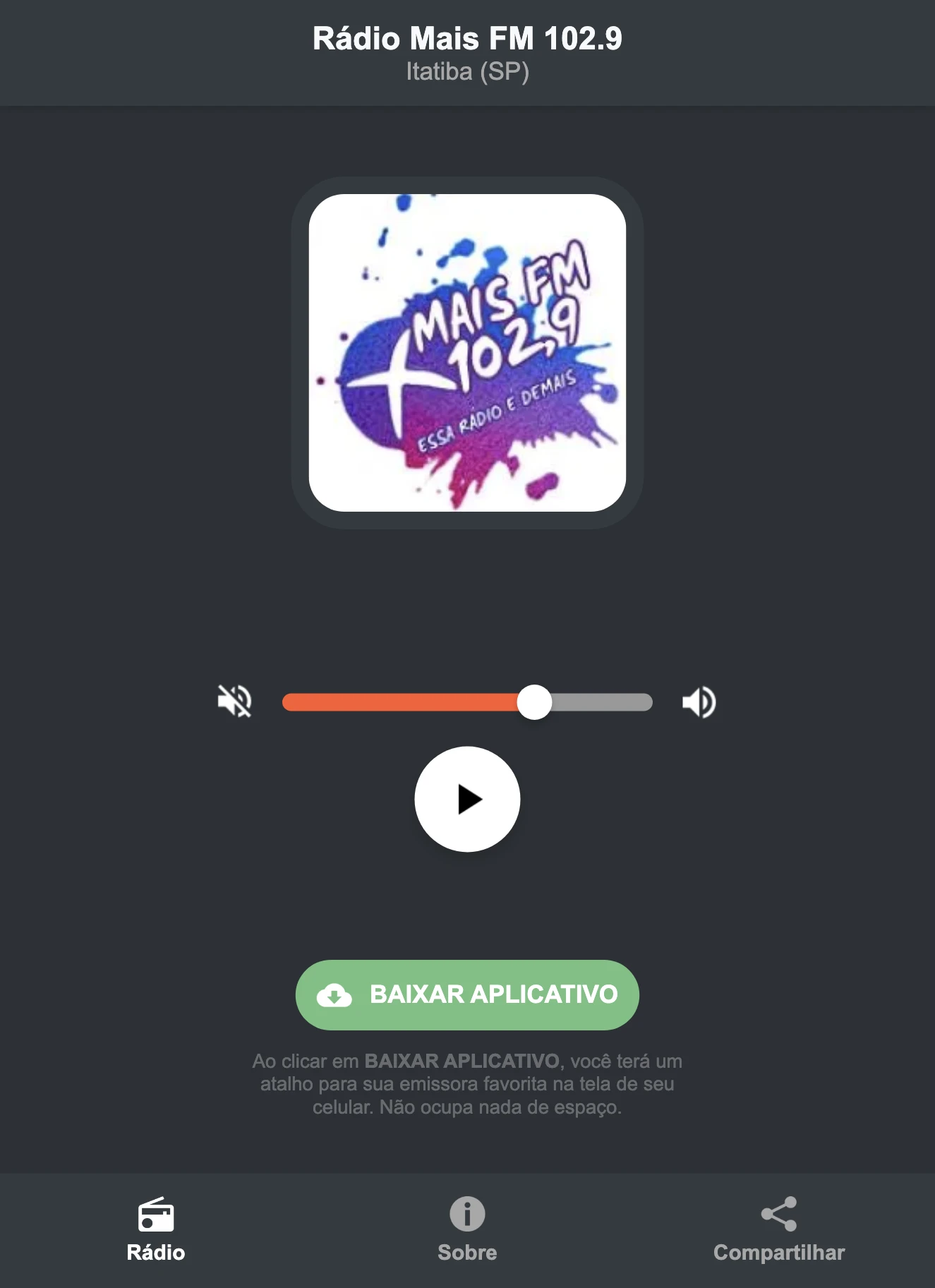 Screenshot do aplicativo da Rádio Mais FM 102.9