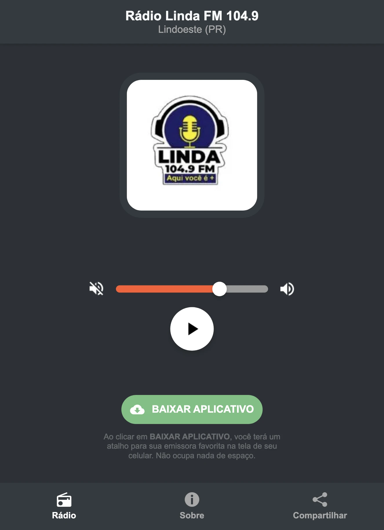 Screenshot do aplicativo da Rádio Linda FM 104.9