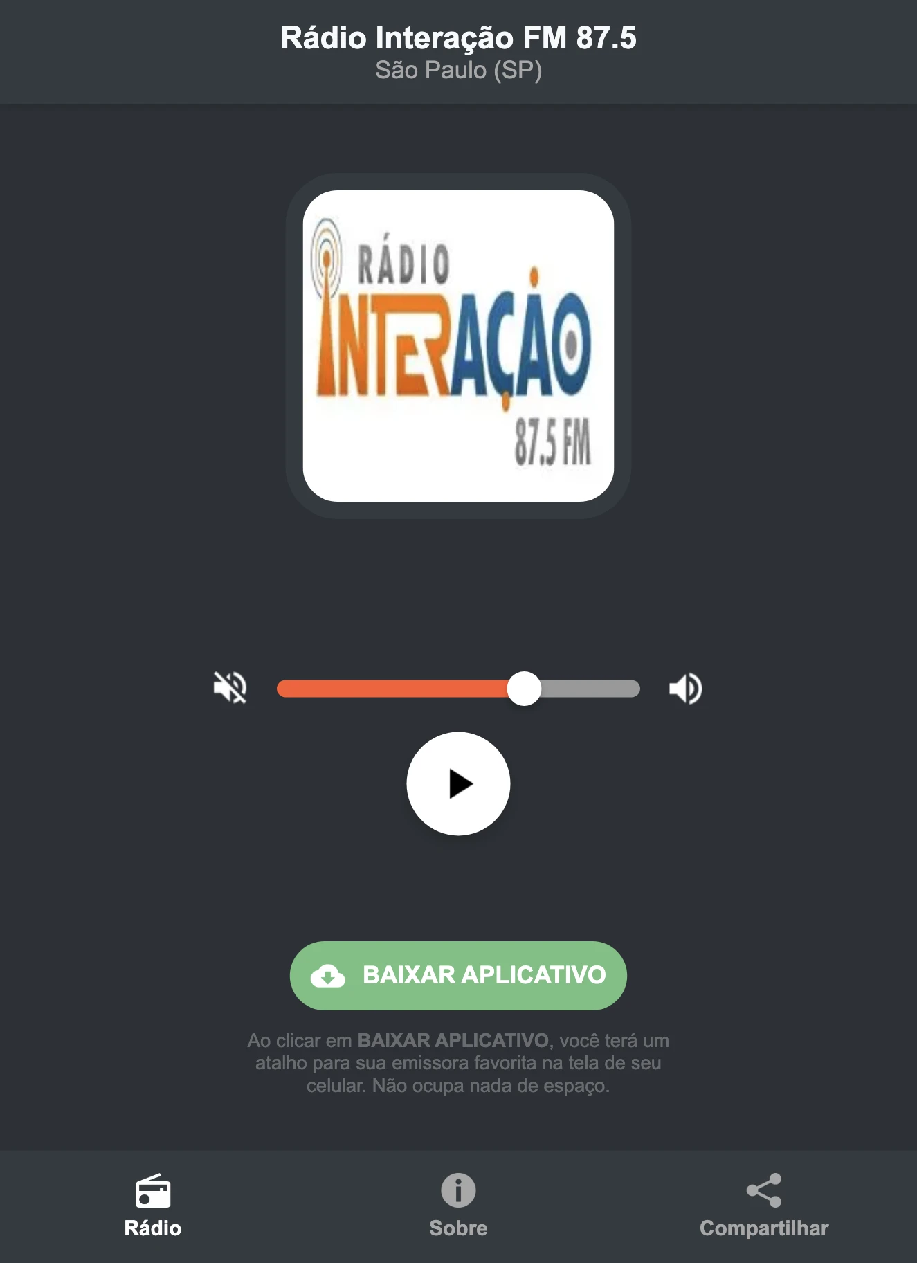 Screenshot do aplicativo da Rádio Interação FM 87.5