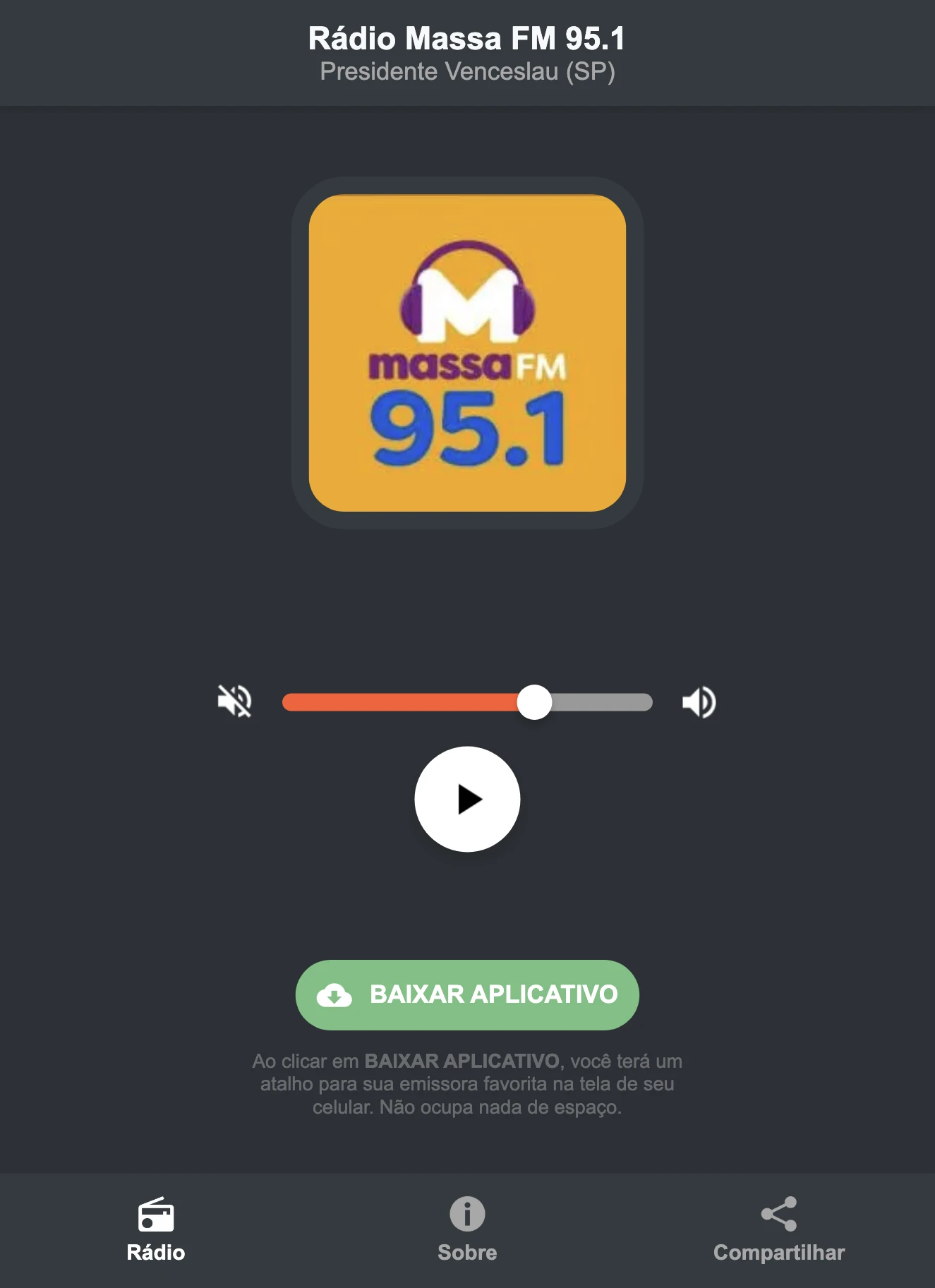 Screenshot do aplicativo da Rádio Massa FM 95.1
