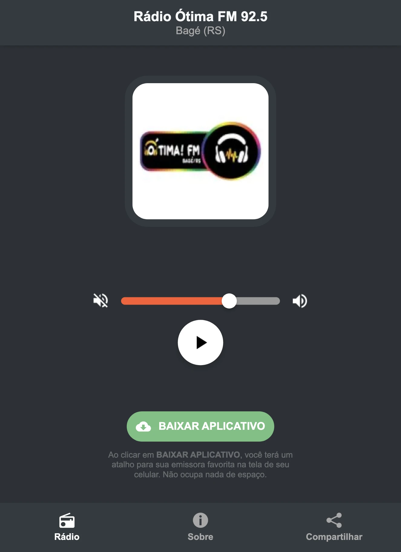 Screenshot do aplicativo da Rádio Ótima FM 92.5