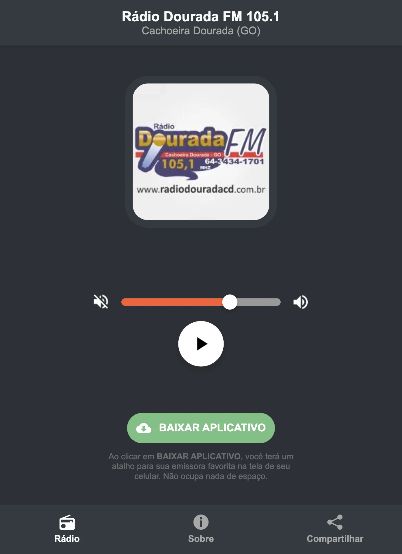 Screenshot do aplicativo da Rádio Dourada FM 105.1