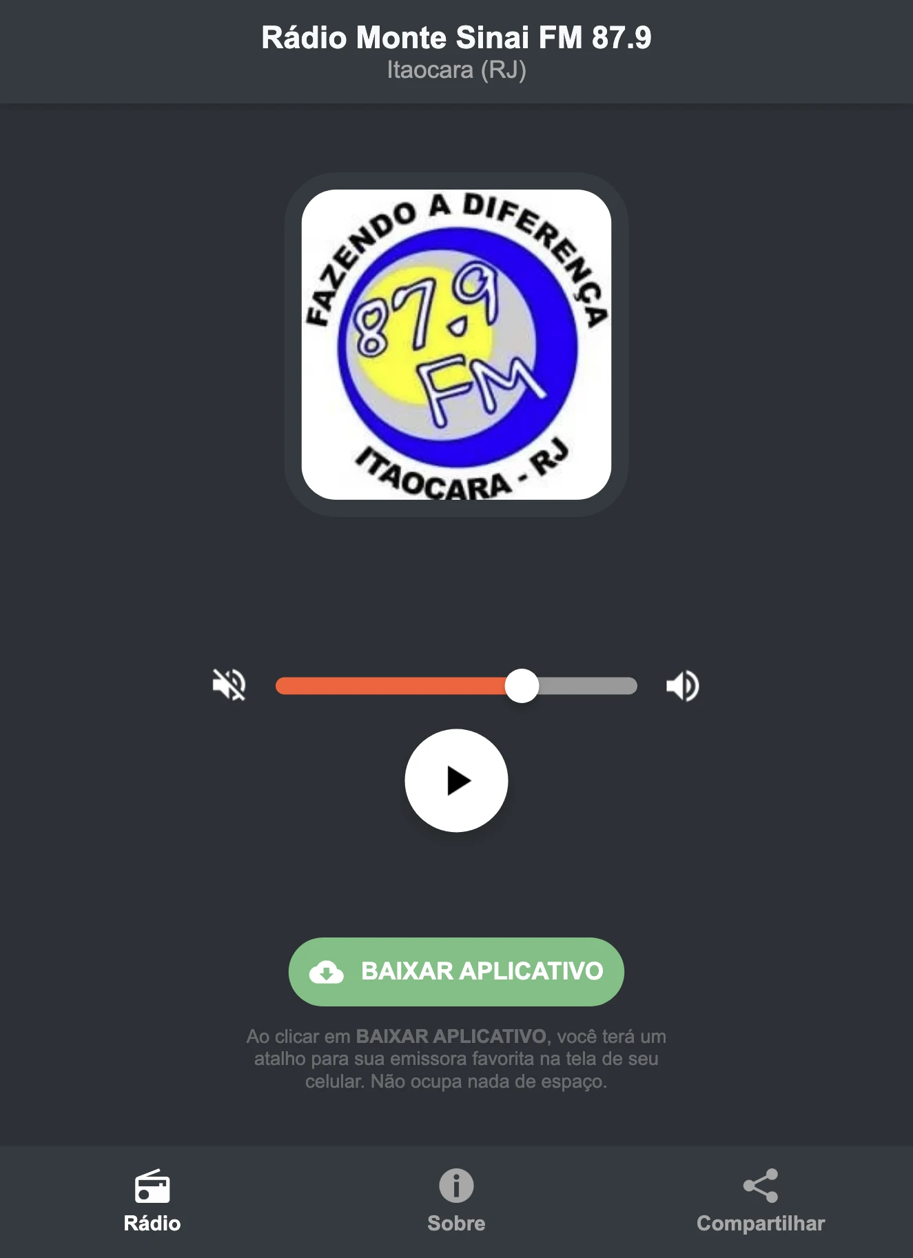 Screenshot do aplicativo da Rádio Monte Sinai FM 87.9