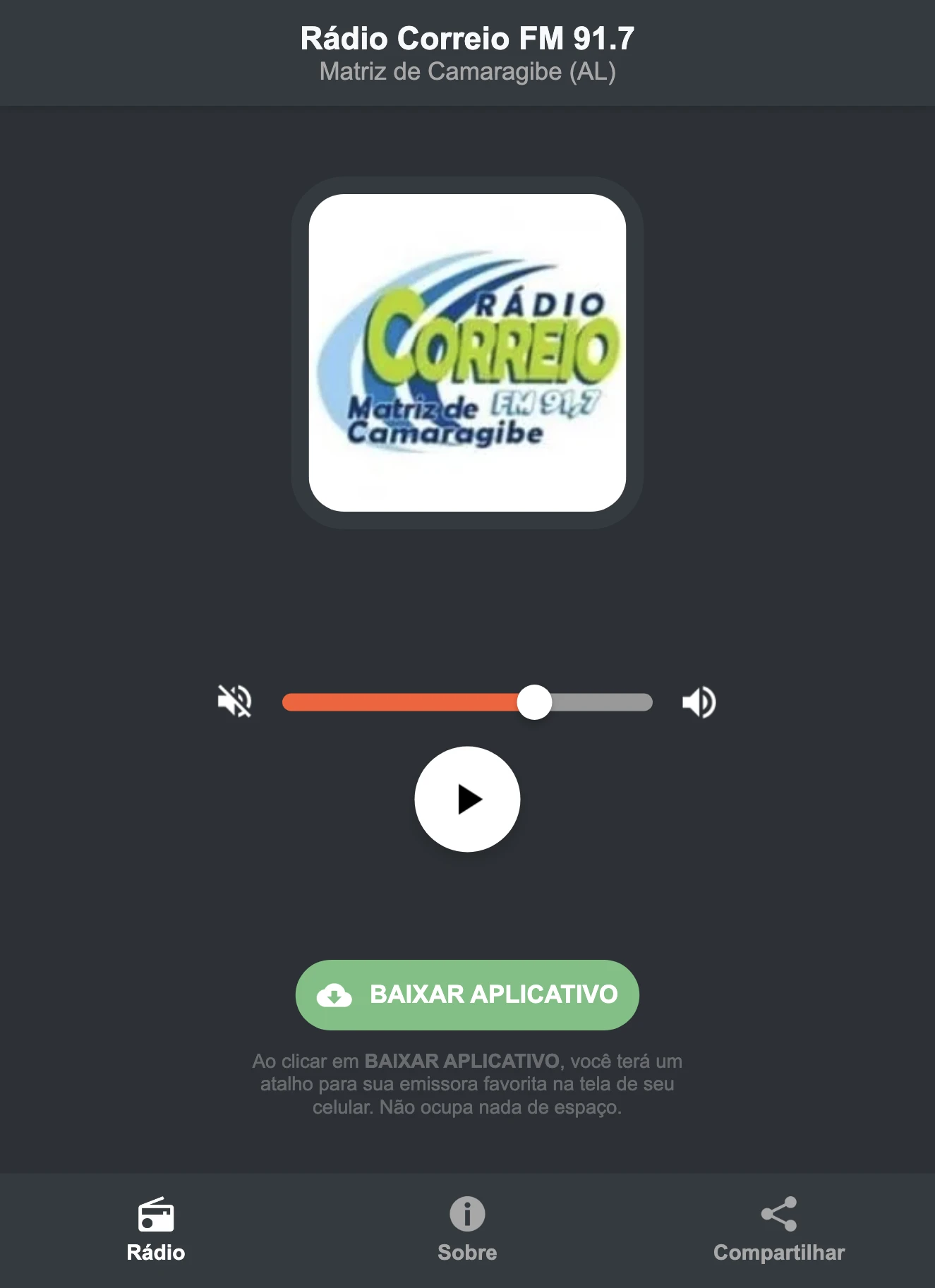 Screenshot do aplicativo da Rádio Correio FM 91.7