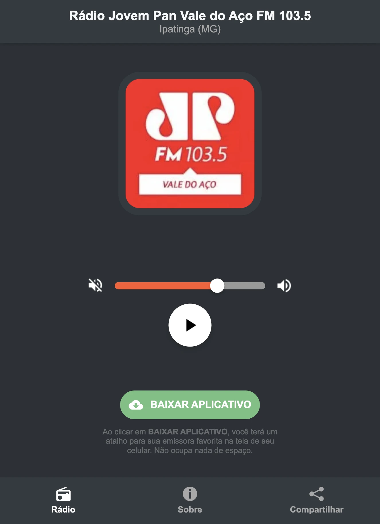 Screenshot do aplicativo da Rádio Jovem Pan Vale do Aço FM 103.5