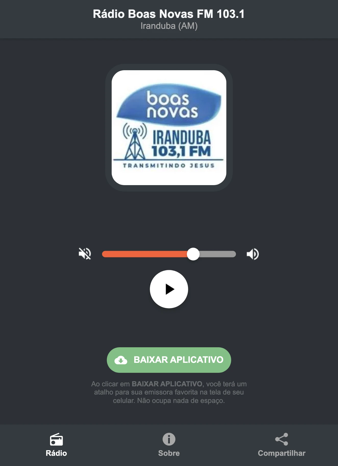 Screenshot do aplicativo da Rádio Boas Novas FM 103.1