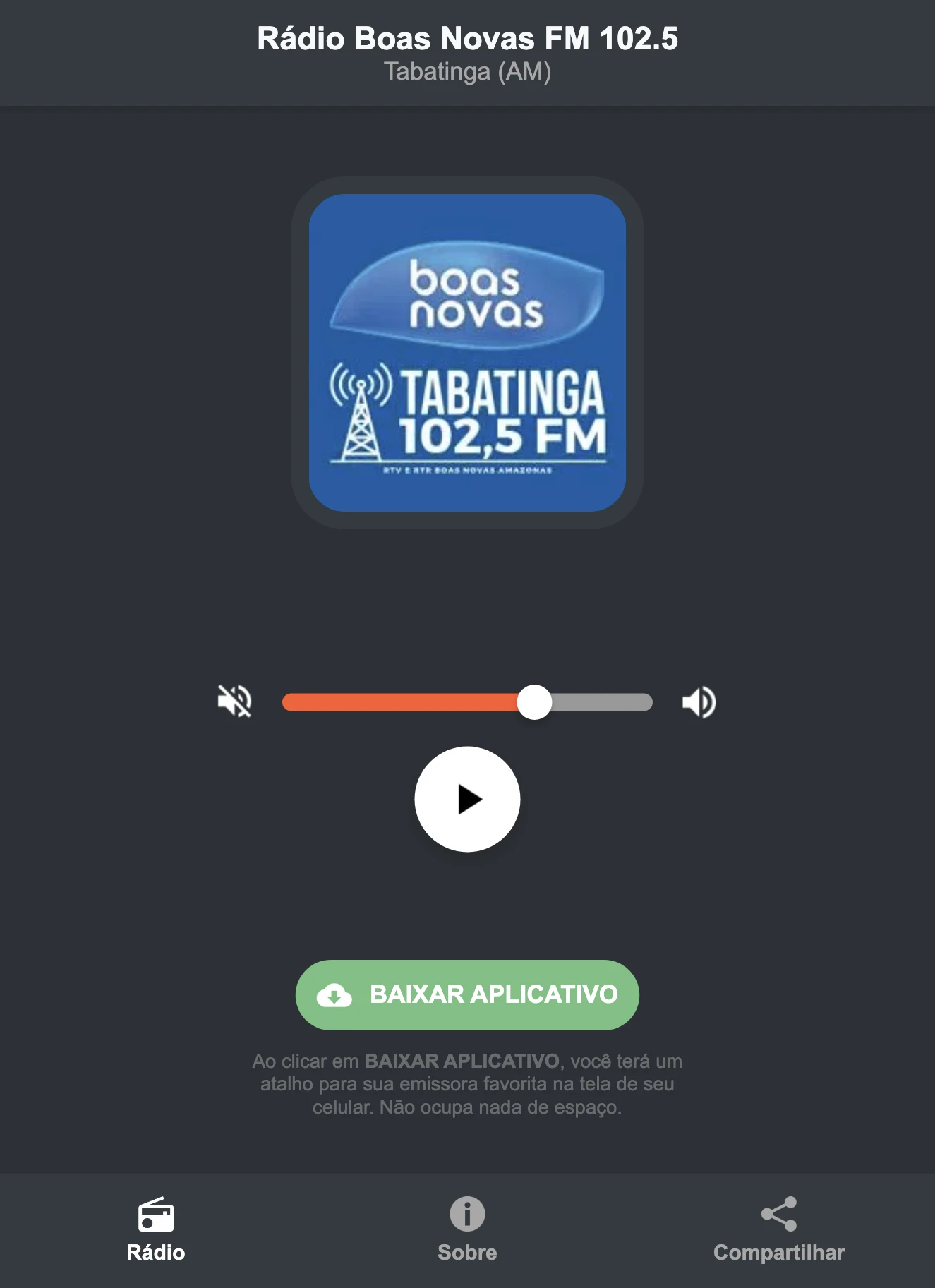 Screenshot do aplicativo da Rádio Boas Novas FM 102.5