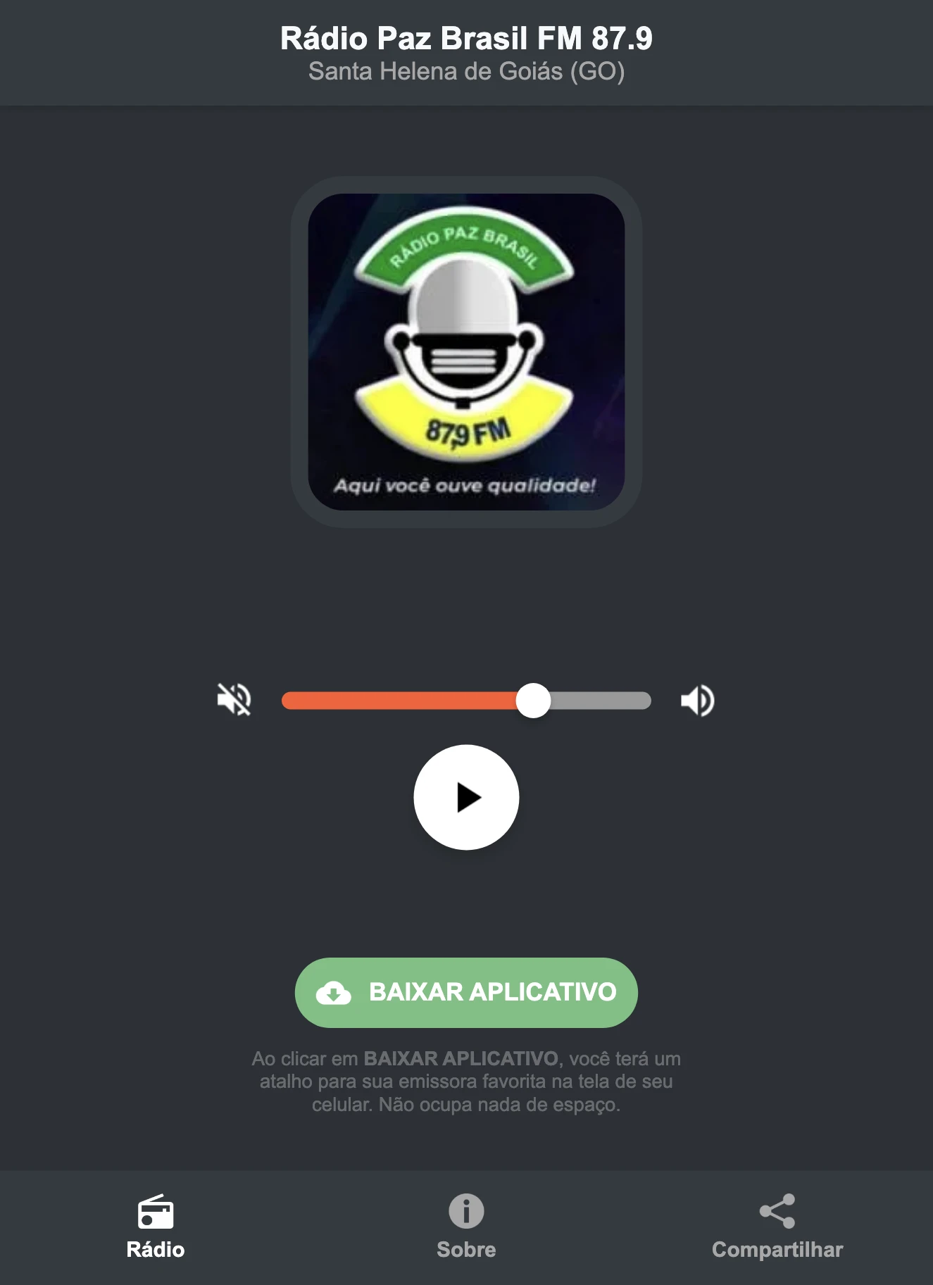 Screenshot do aplicativo da Rádio Paz Brasil FM 87.9