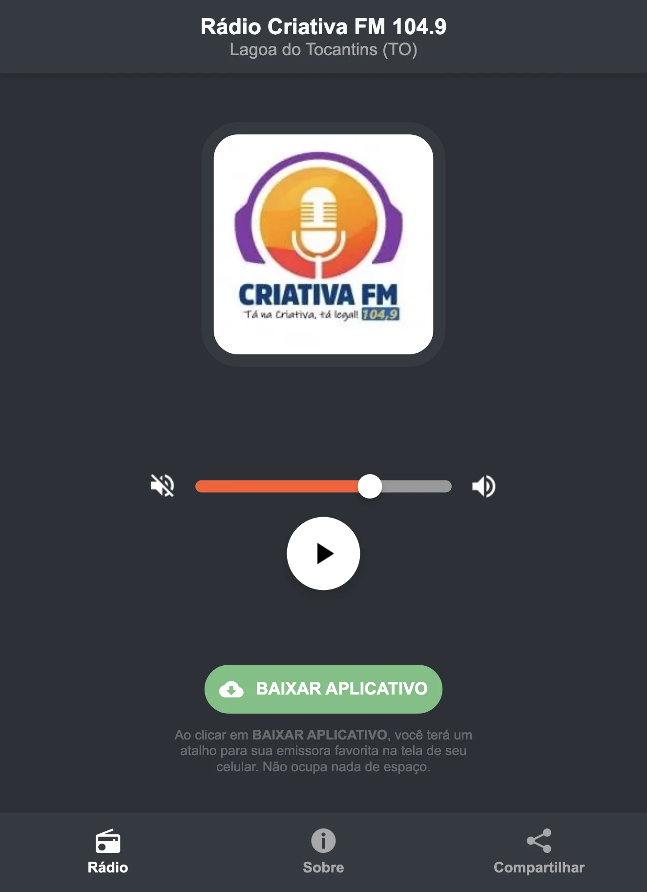 Screenshot do aplicativo da Rádio Criativa FM 104.9
