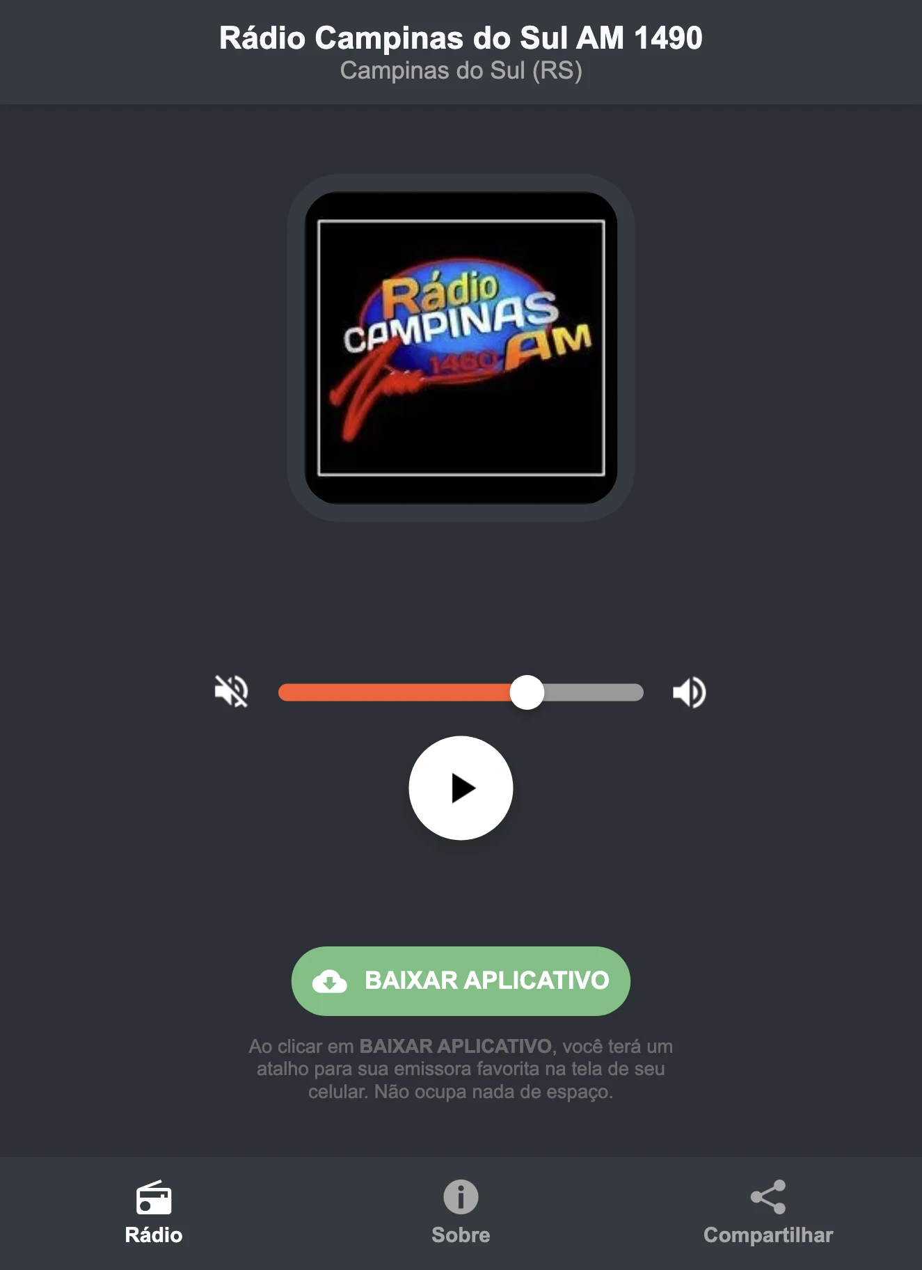 Screenshot do aplicativo da Rádio Campinas do Sul AM 1490