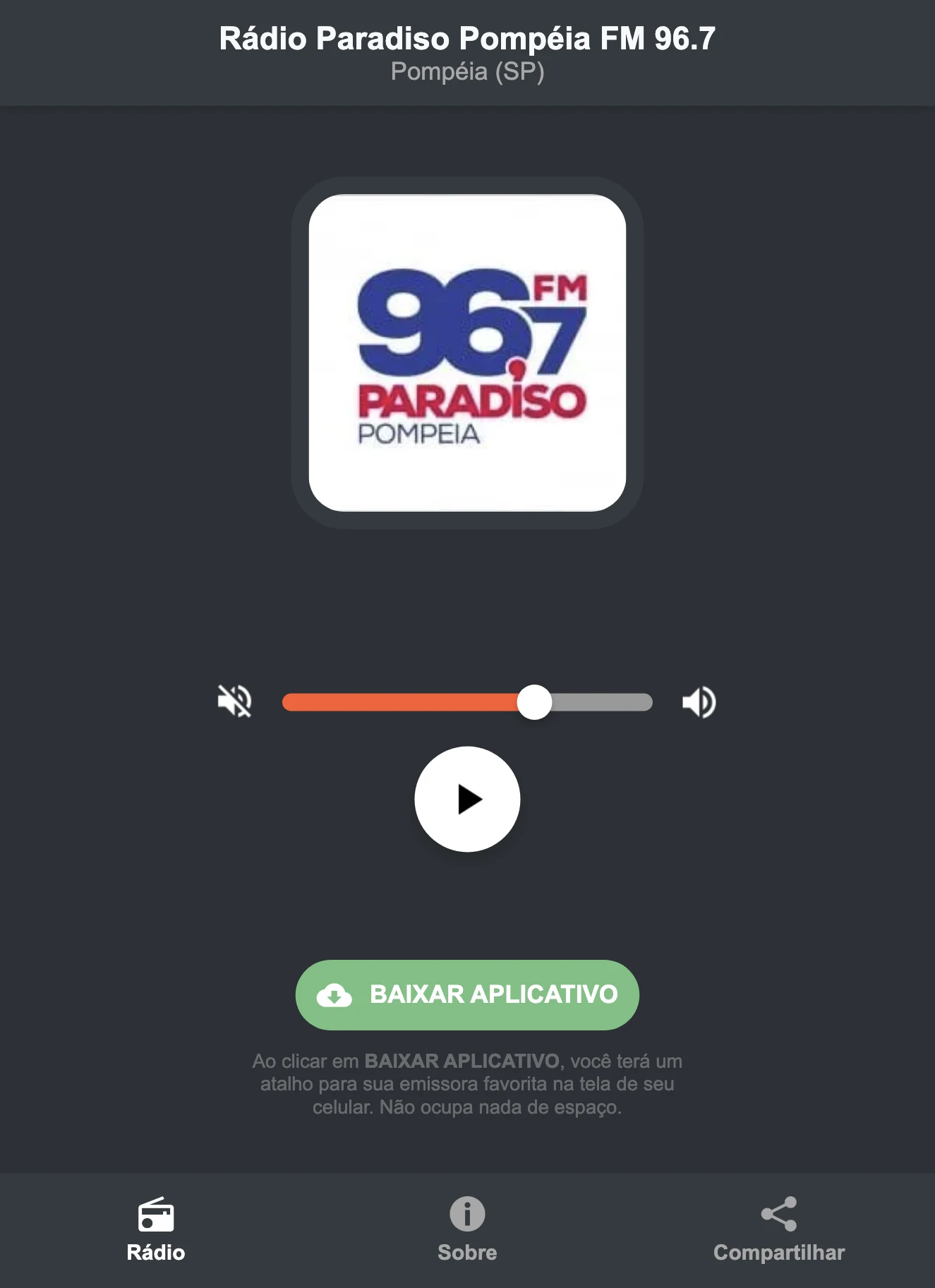 Screenshot do aplicativo da Rádio Paradiso Pompéia FM 96.7