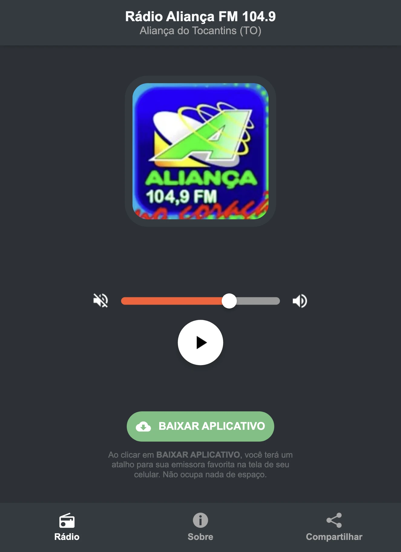 Screenshot do aplicativo da Rádio Aliança FM 104.9