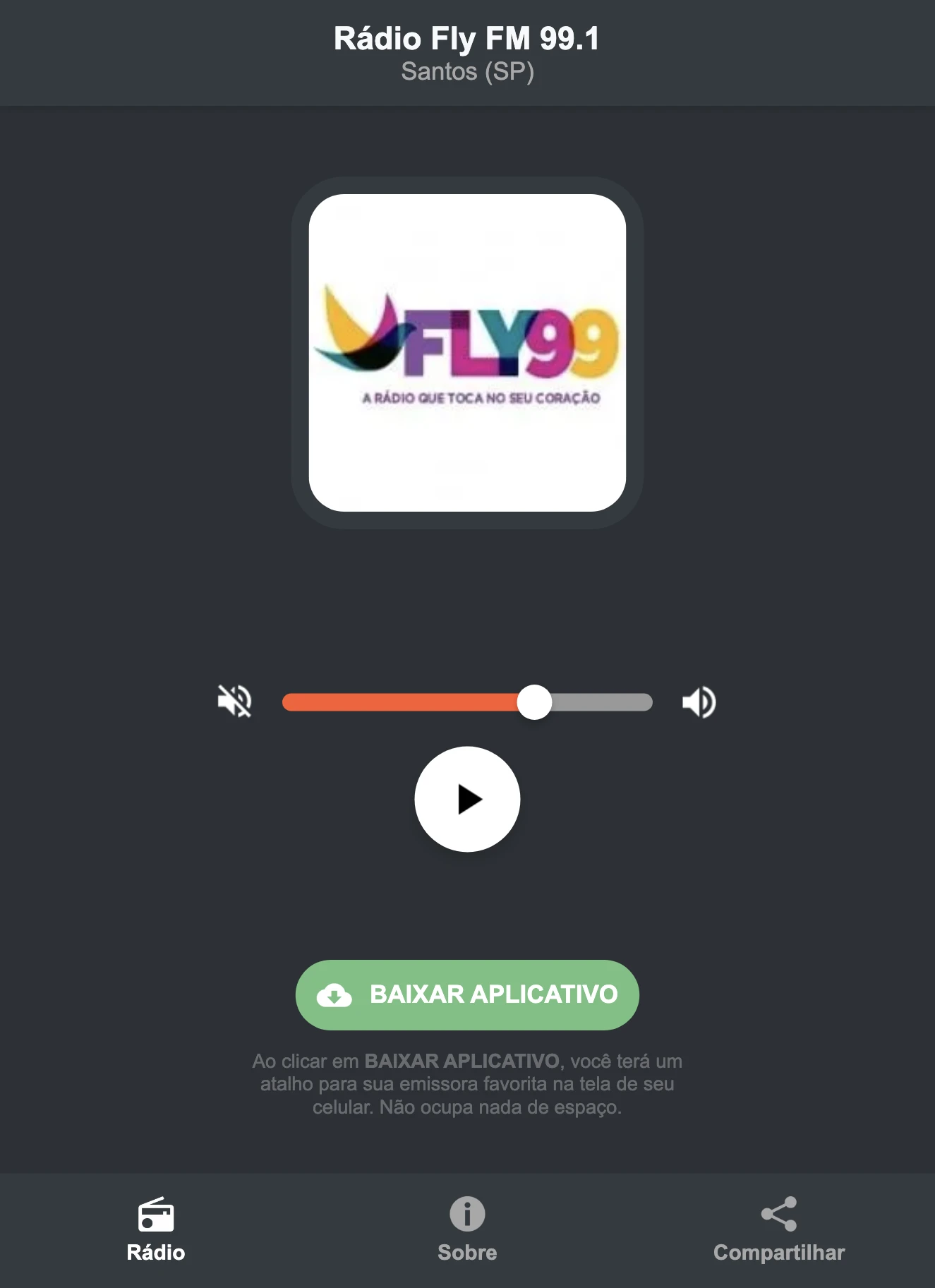 Screenshot do aplicativo da Rádio Fly FM 99.1