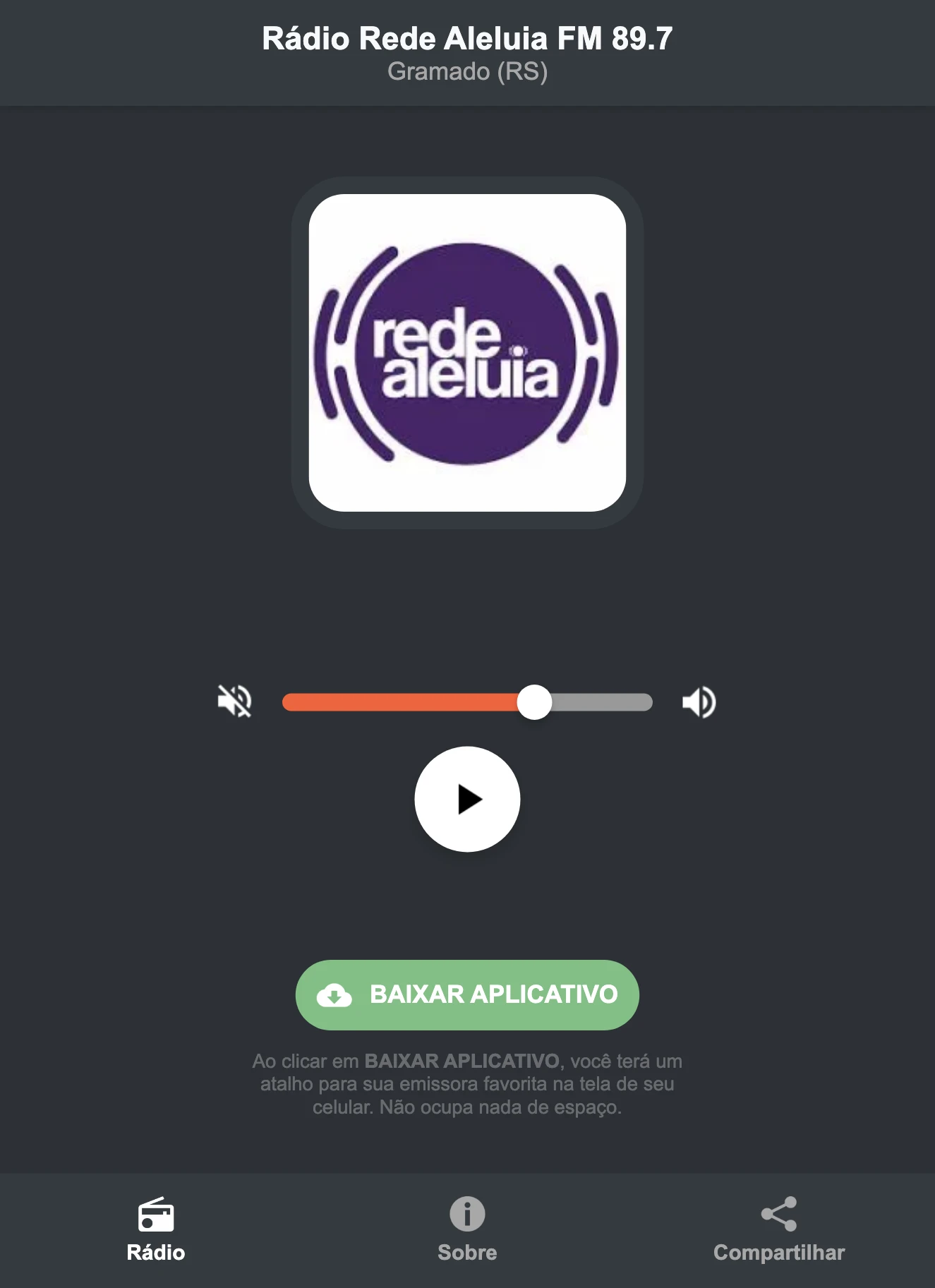 Screenshot do aplicativo da Rádio Rede Aleluia FM 89.7