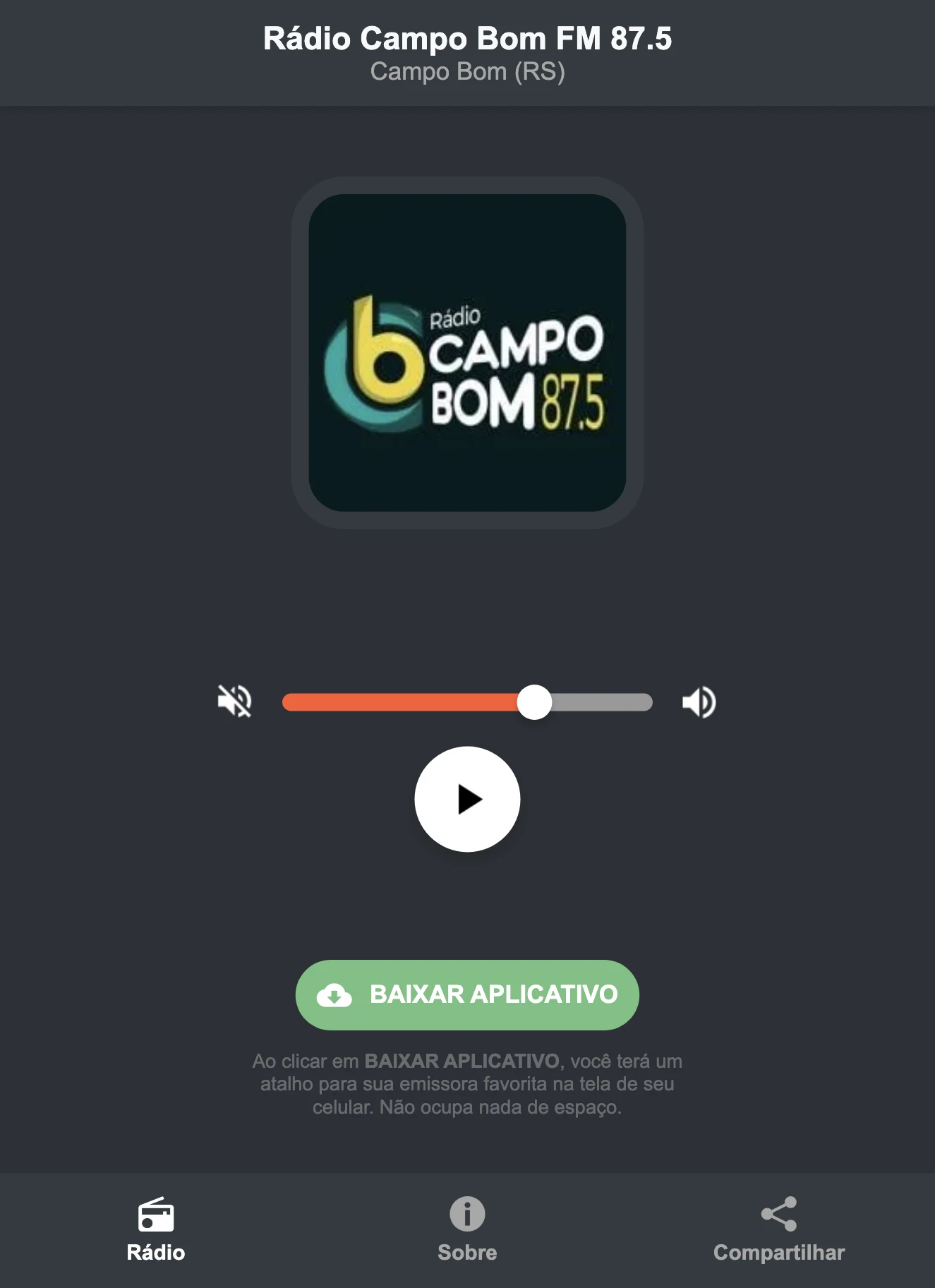 Screenshot do aplicativo da Rádio Campo Bom FM 87.5