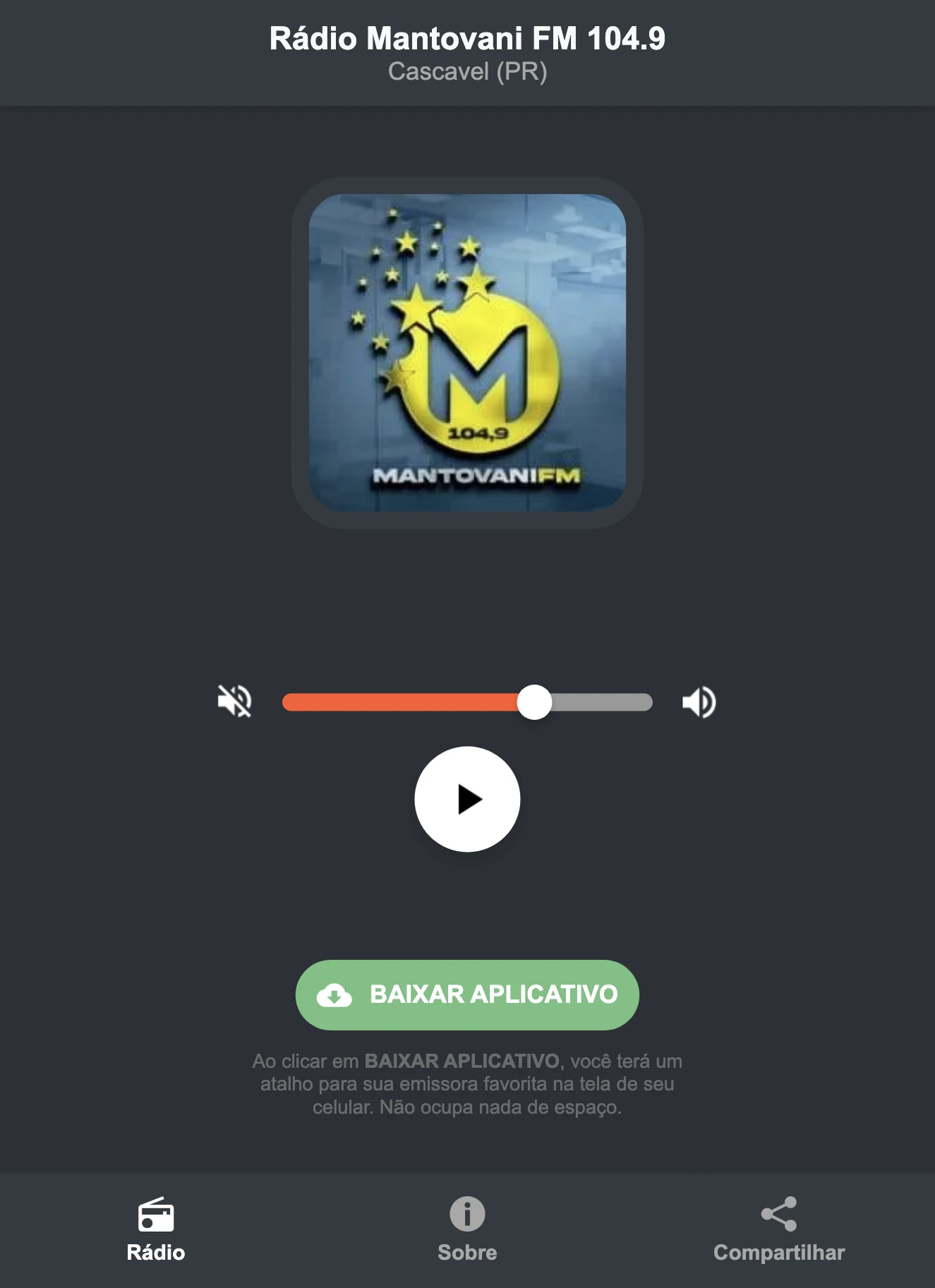 Screenshot do aplicativo da Rádio Mantovani FM 104.9