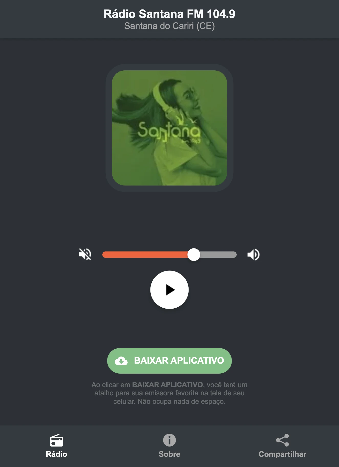 Screenshot do aplicativo da Rádio Santana FM 104.9