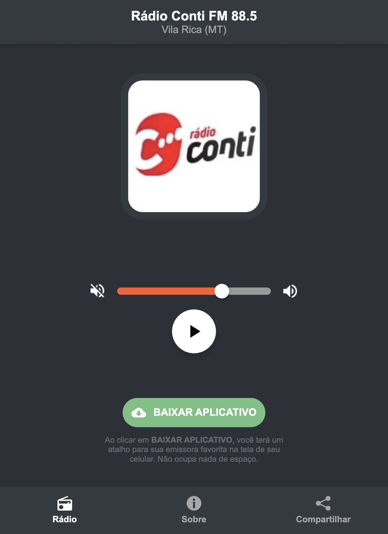 Screenshot do aplicativo da Rádio Conti FM 88.5